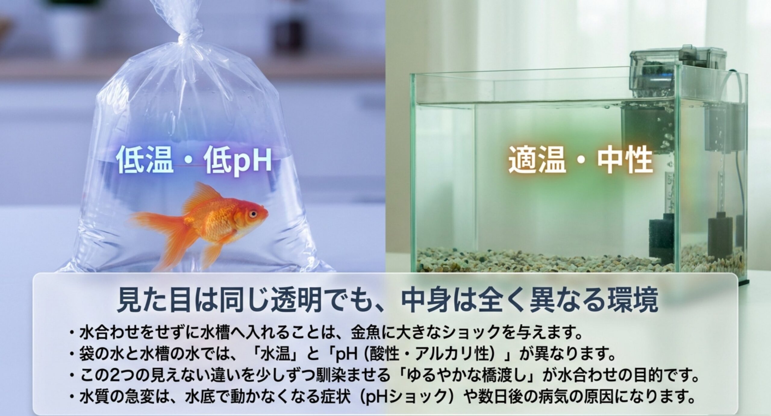 低温・低pHの袋の水と適温・中性の水槽の水を並べ、見た目は同じでも環境が異なることを示した図