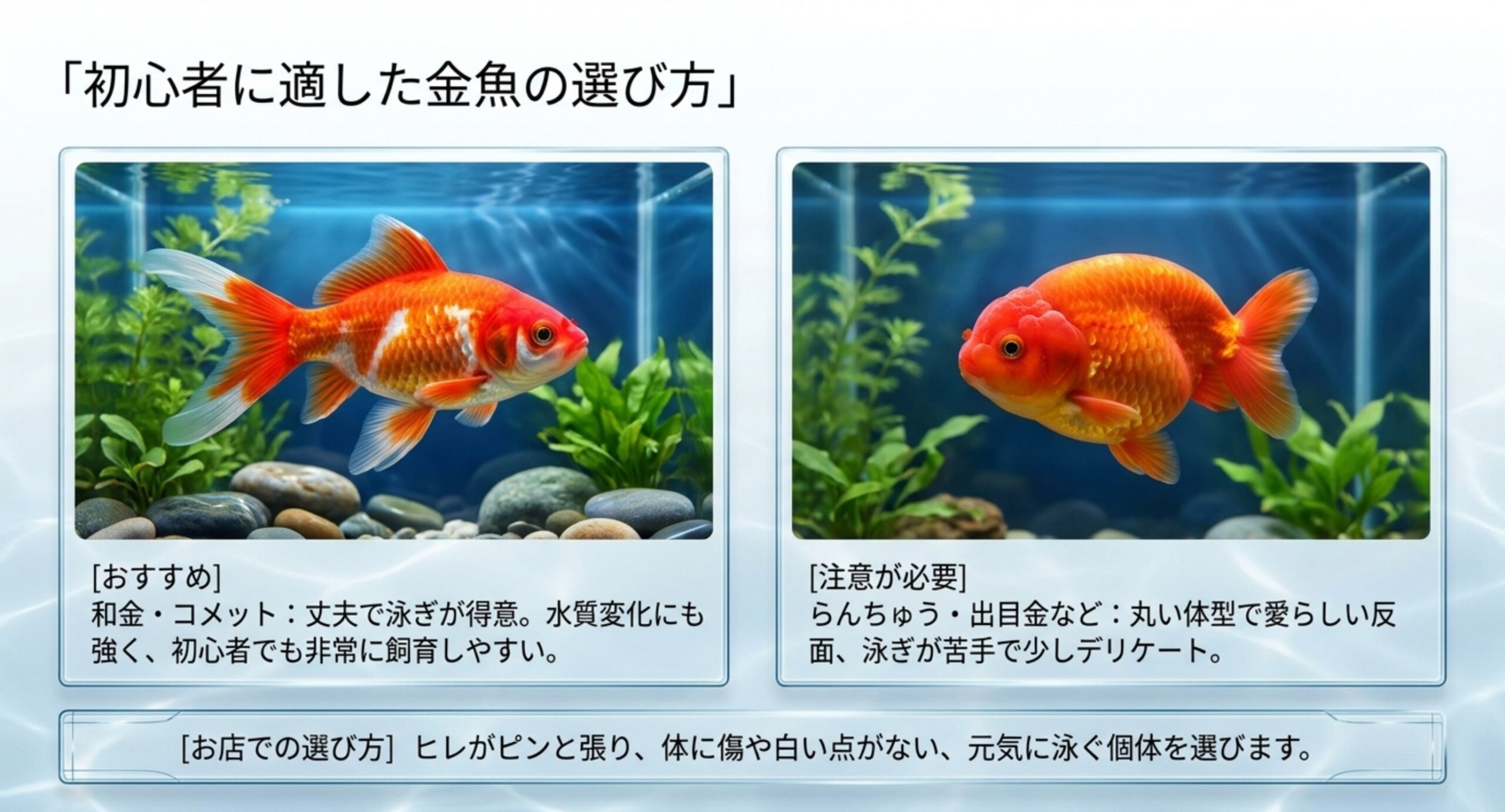 和金やコメットなど初心者向けの金魚と、らんちゅうや出目金など注意が必要な品種を比較したスライド