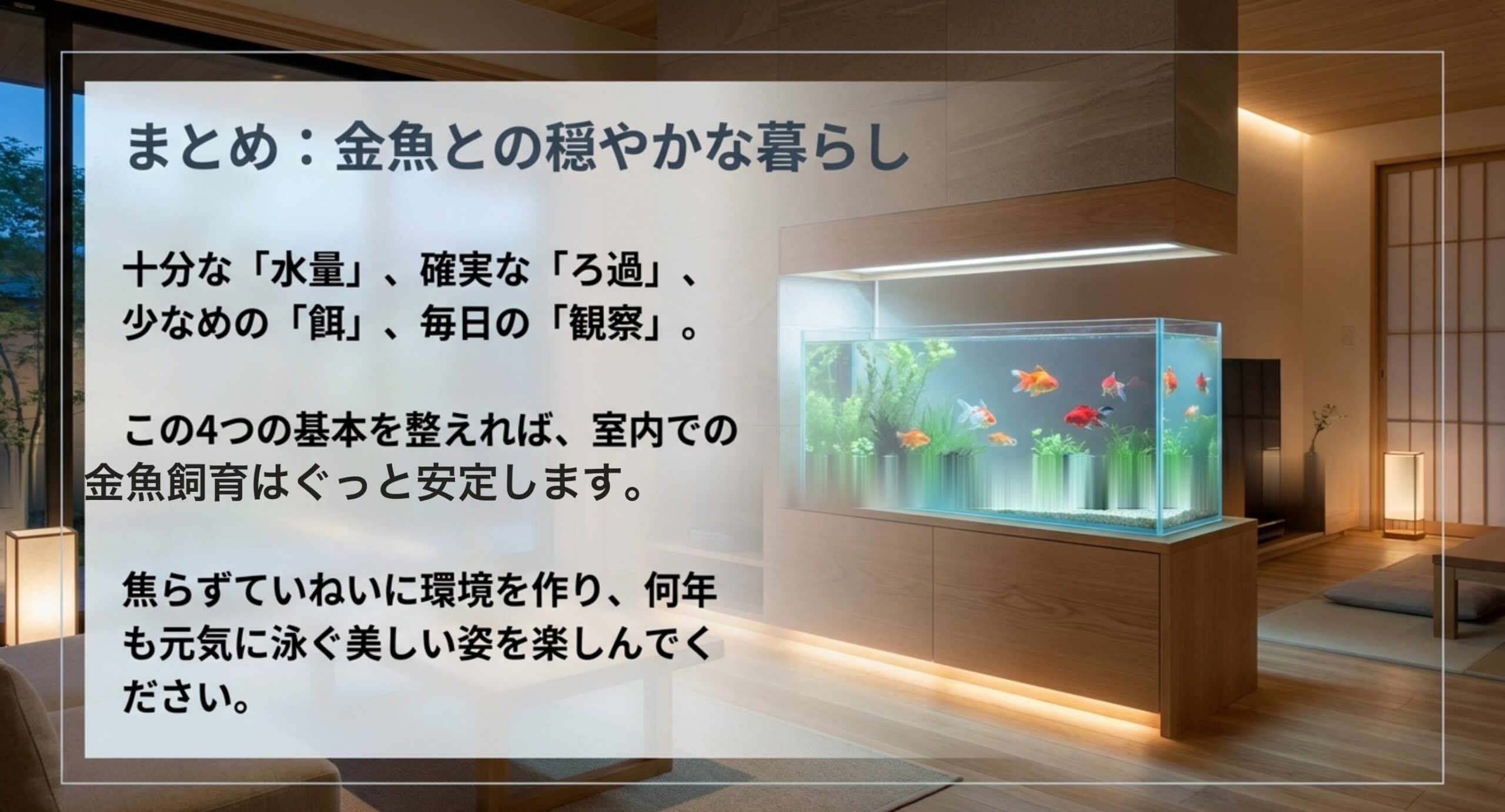 室内のリビングに置かれた金魚水槽と、金魚飼育の4つの基本をまとめたスライド