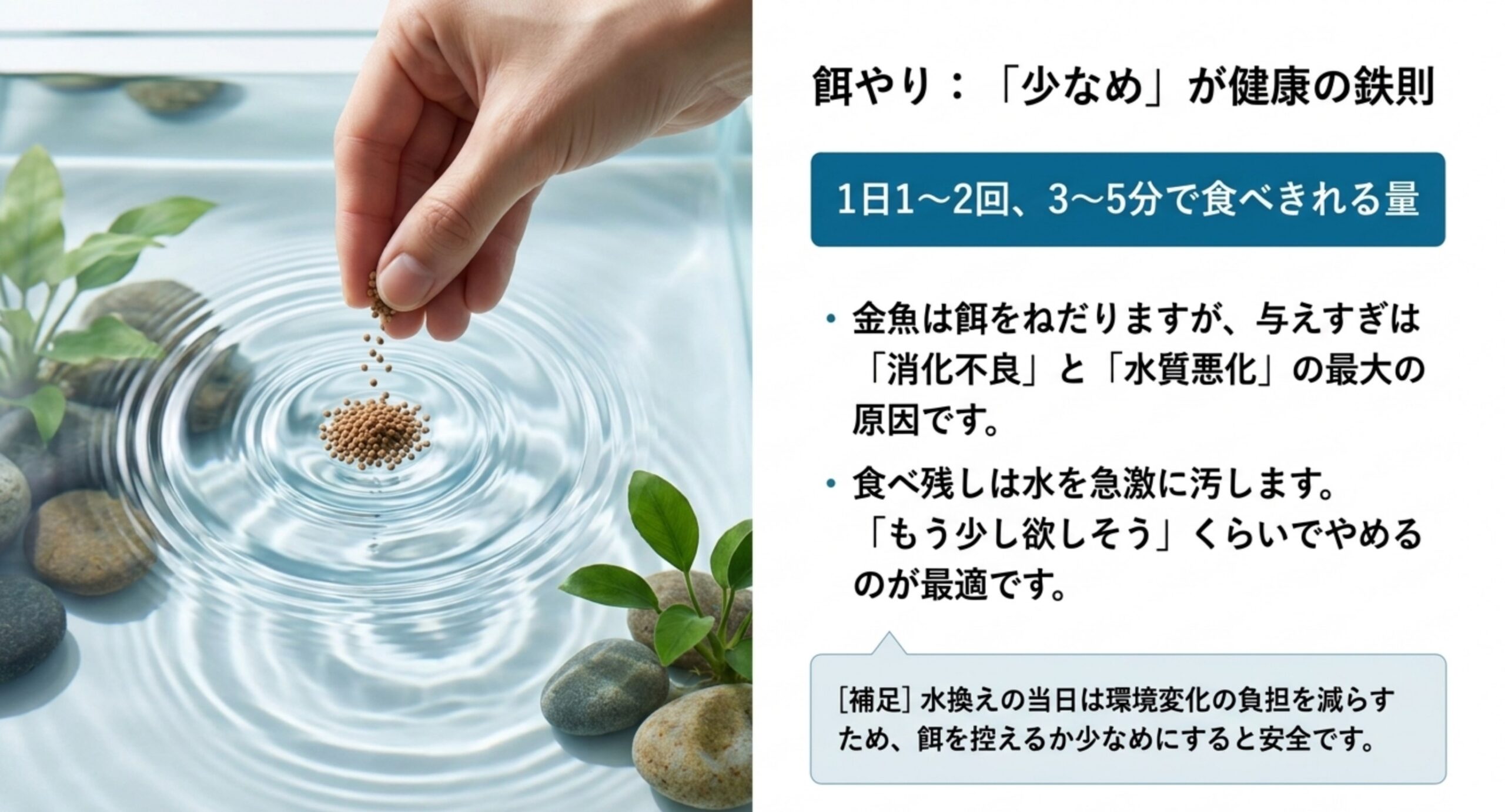 1日1〜2回、3〜5分で食べきれる量を目安にした金魚の餌やりを説明するスライド