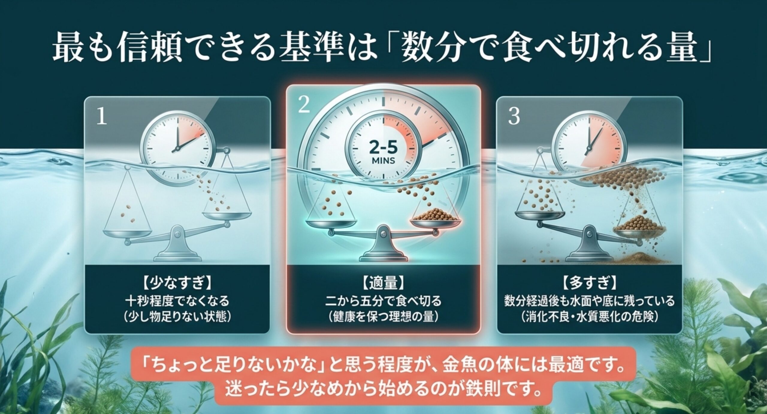 少なすぎ・適量(2〜5分で食べ切る)・多すぎの3パターンを天秤と時計で比較した図