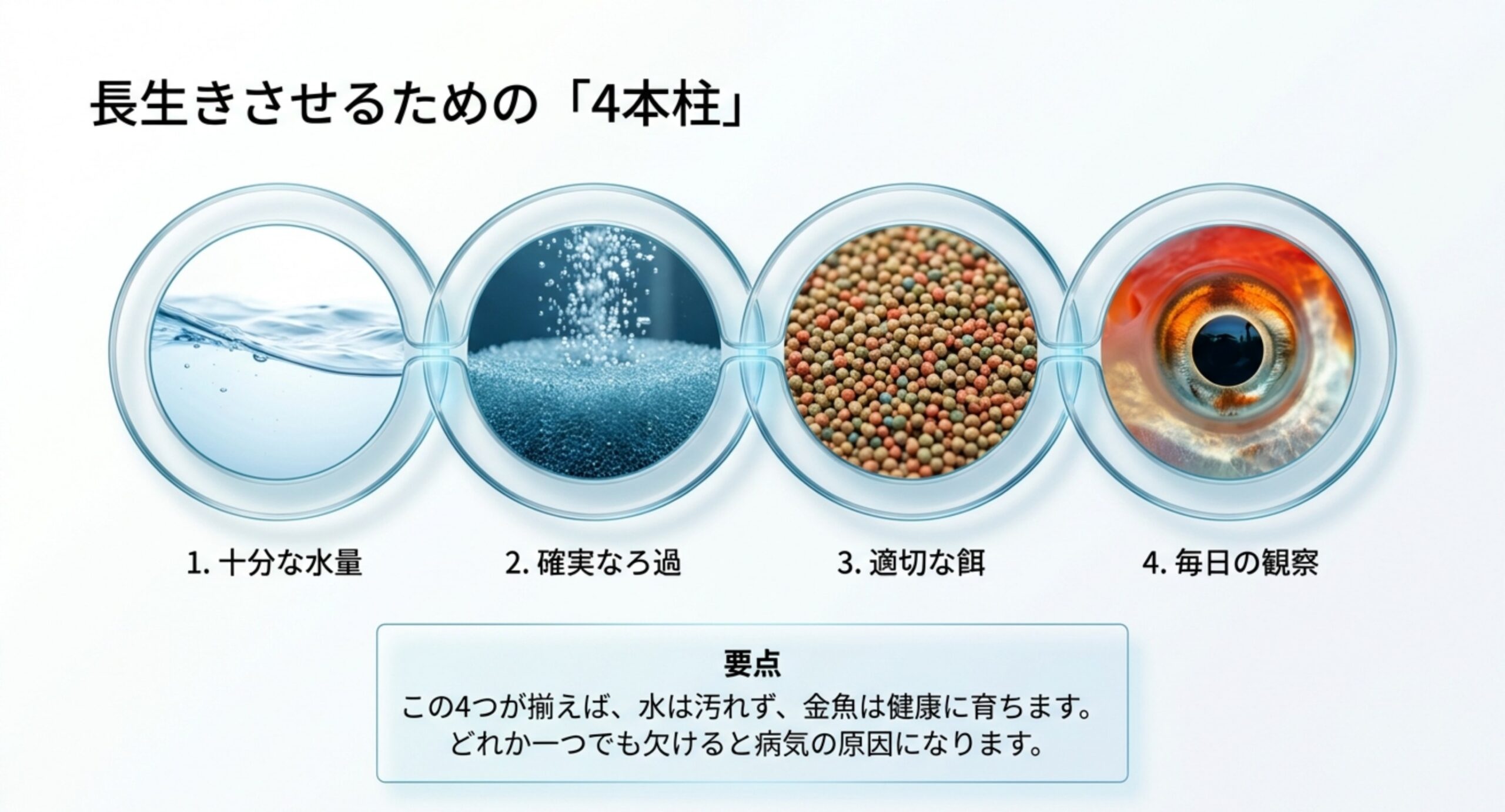 水量・ろ過・餌・毎日の観察という金魚飼育の4つの基本を並べた図解スライド
