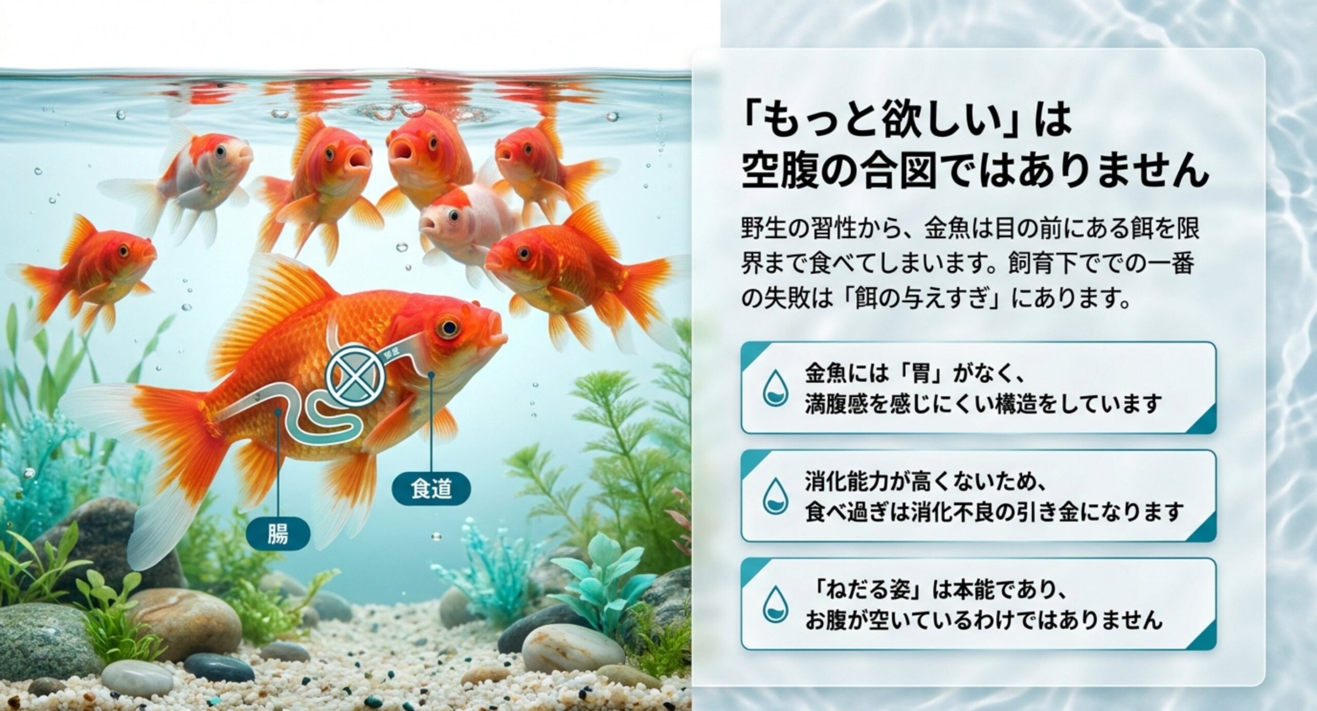 金魚に胃がなく満腹を感じにくいこと、ねだる姿は本能であることを示した図