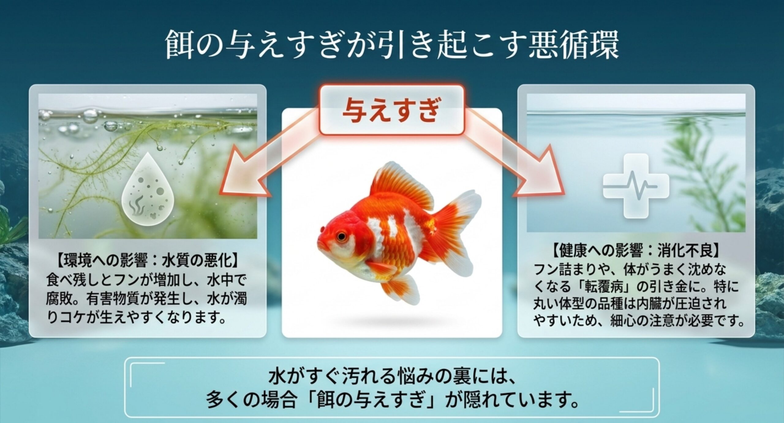 餌の与えすぎが水質の悪化と消化不良の両方を引き起こす悪循環を示した図