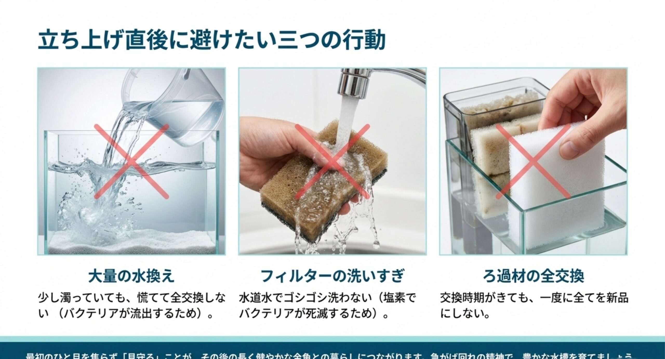 大量の水換え・フィルターの洗いすぎ・ろ材の全交換という立ち上げ直後に避けたい3つの行動を示した図