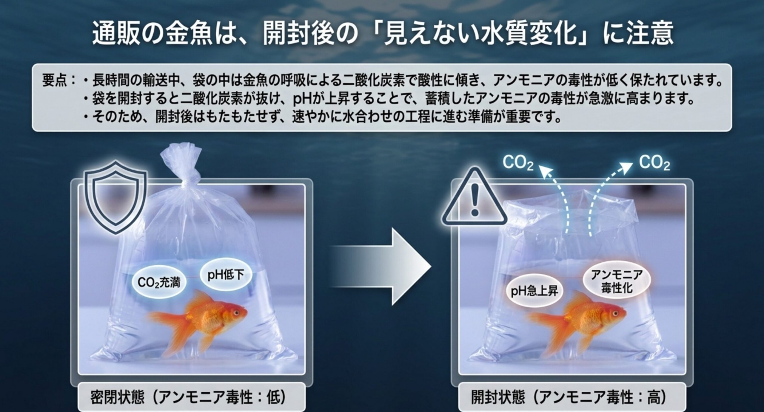 密閉時は二酸化炭素で酸性に保たれ、開封後は二酸化炭素が抜けてpHが上がりアンモニアの毒性が高まる仕組みを示した図
