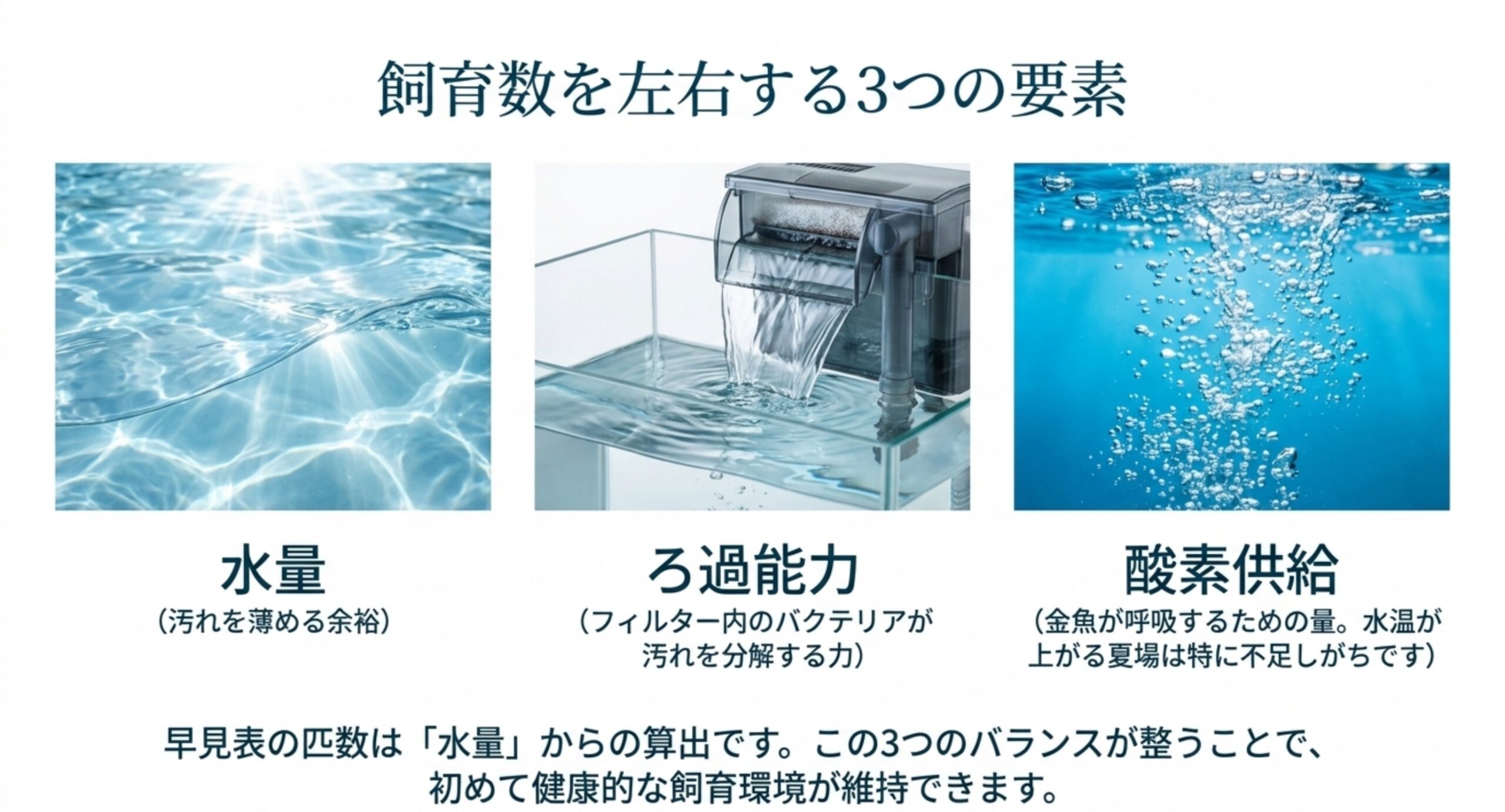 金魚の飼育数を左右する水量・ろ過能力・酸素供給の3つの要素を並べて解説したスライド