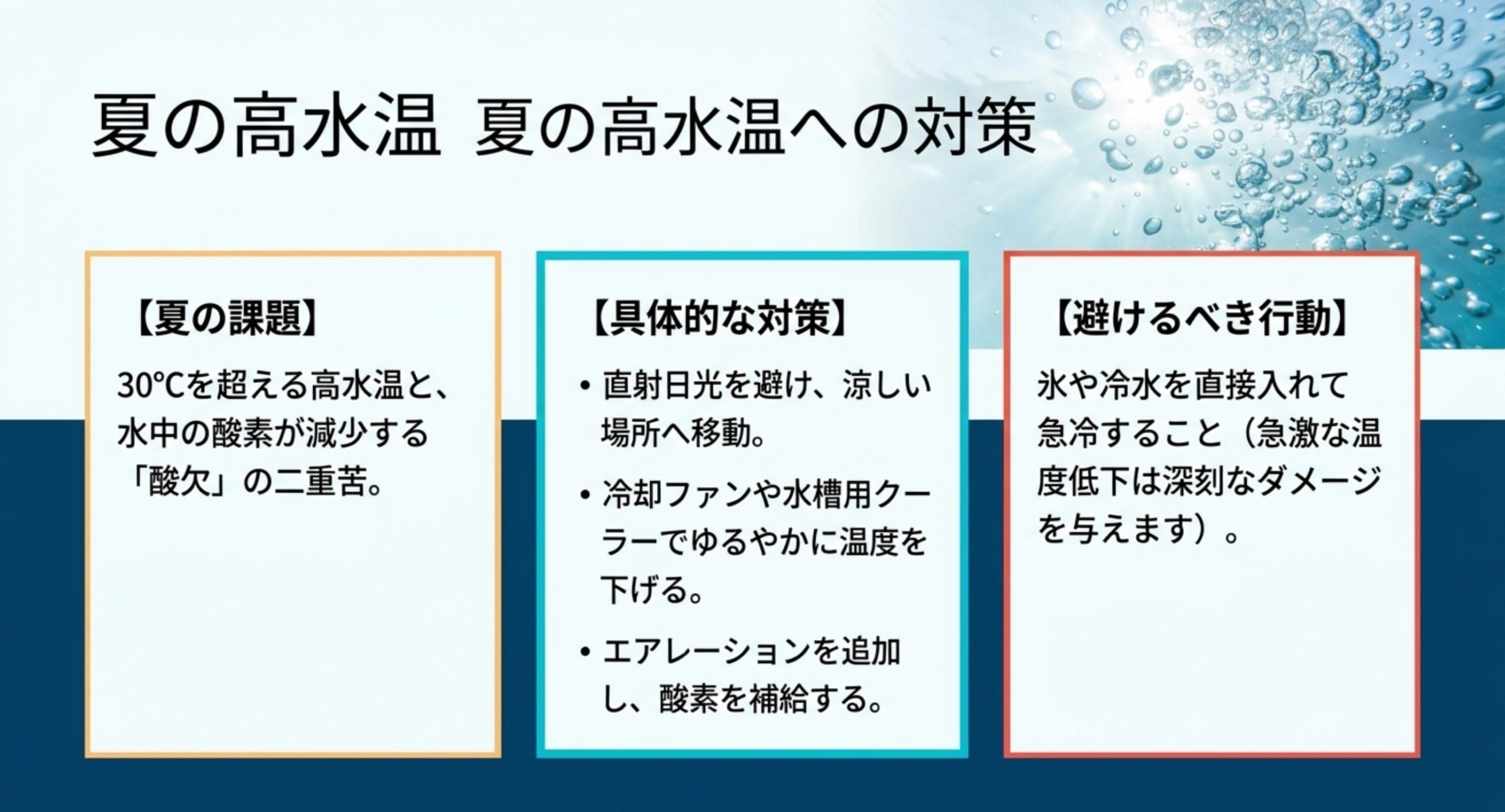 夏の高水温と酸欠への対策、および氷での急冷は避けるべきことを示した図