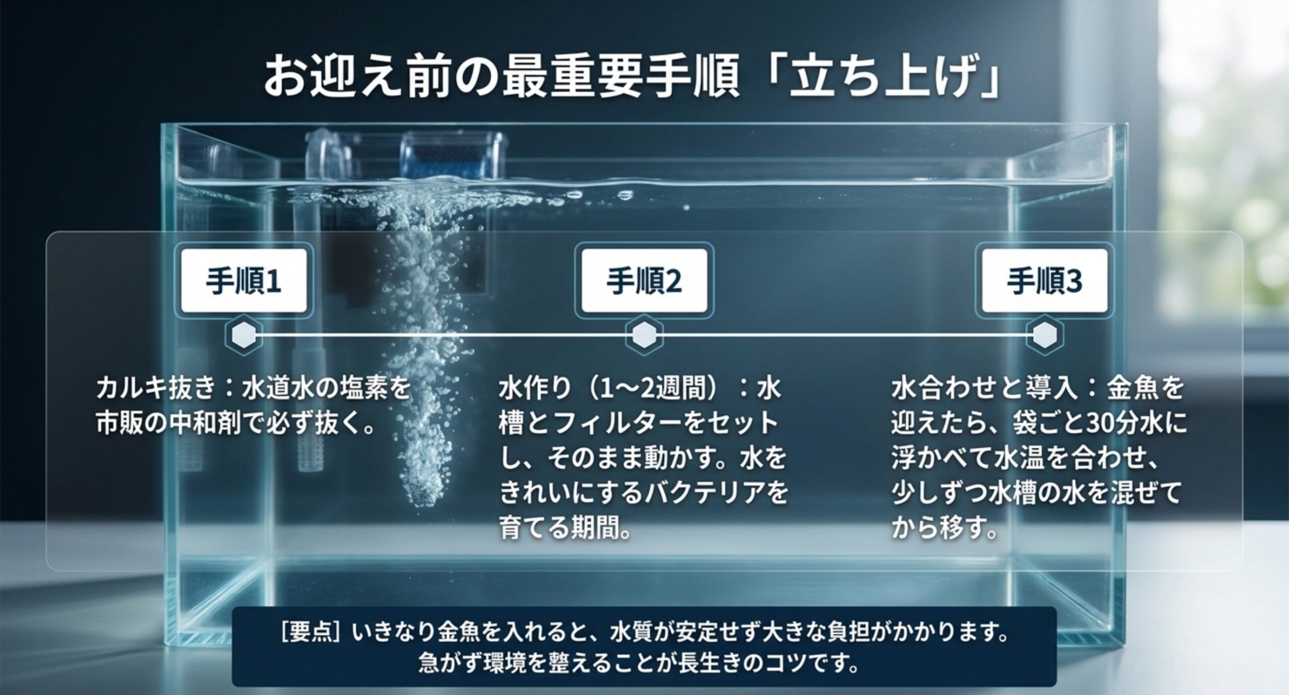 カルキ抜き・水作り・水合わせという水槽立ち上げの3手順を示したスライド