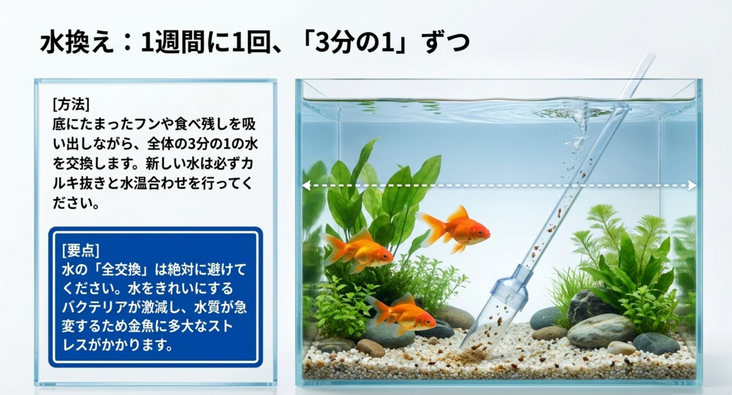 週に1回、全体の3分の1ずつ水を換える金魚水槽の水換え方法を示したスライド