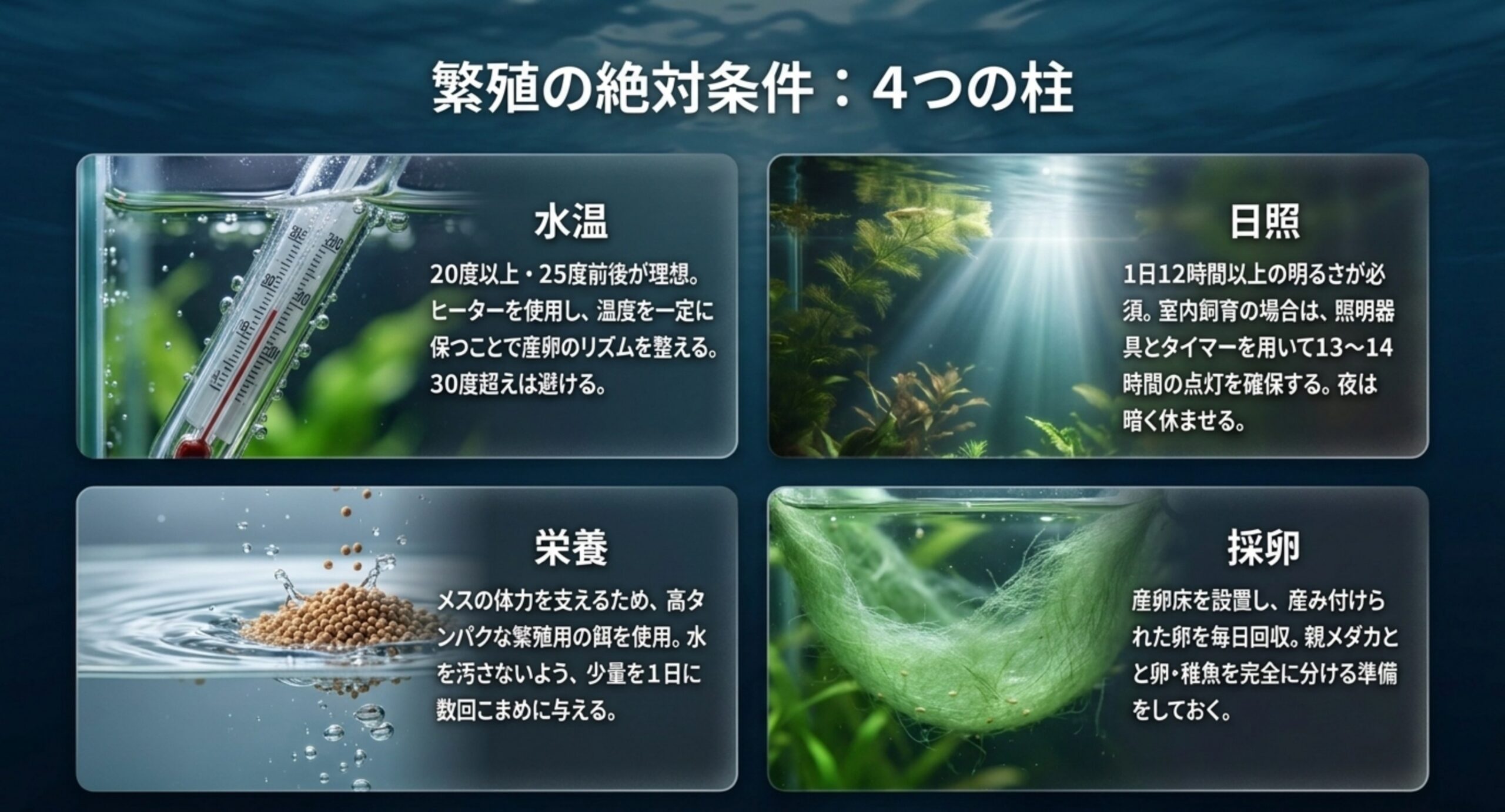 水温・日照・栄養・採卵というメダカ繁殖の4条件をまとめた図