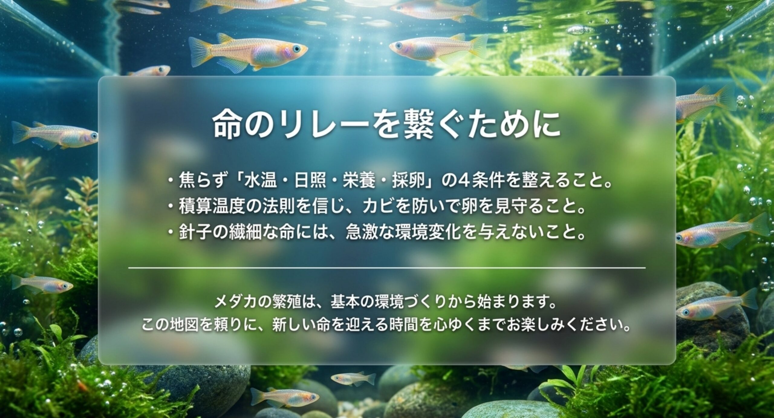 4条件・積算温度・針子の環境安定というメダカ繁殖のまとめの図