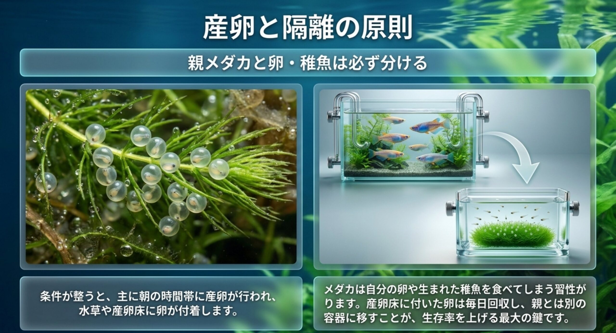 産卵床で採卵し親メダカと卵・稚魚を分ける原則を示した図