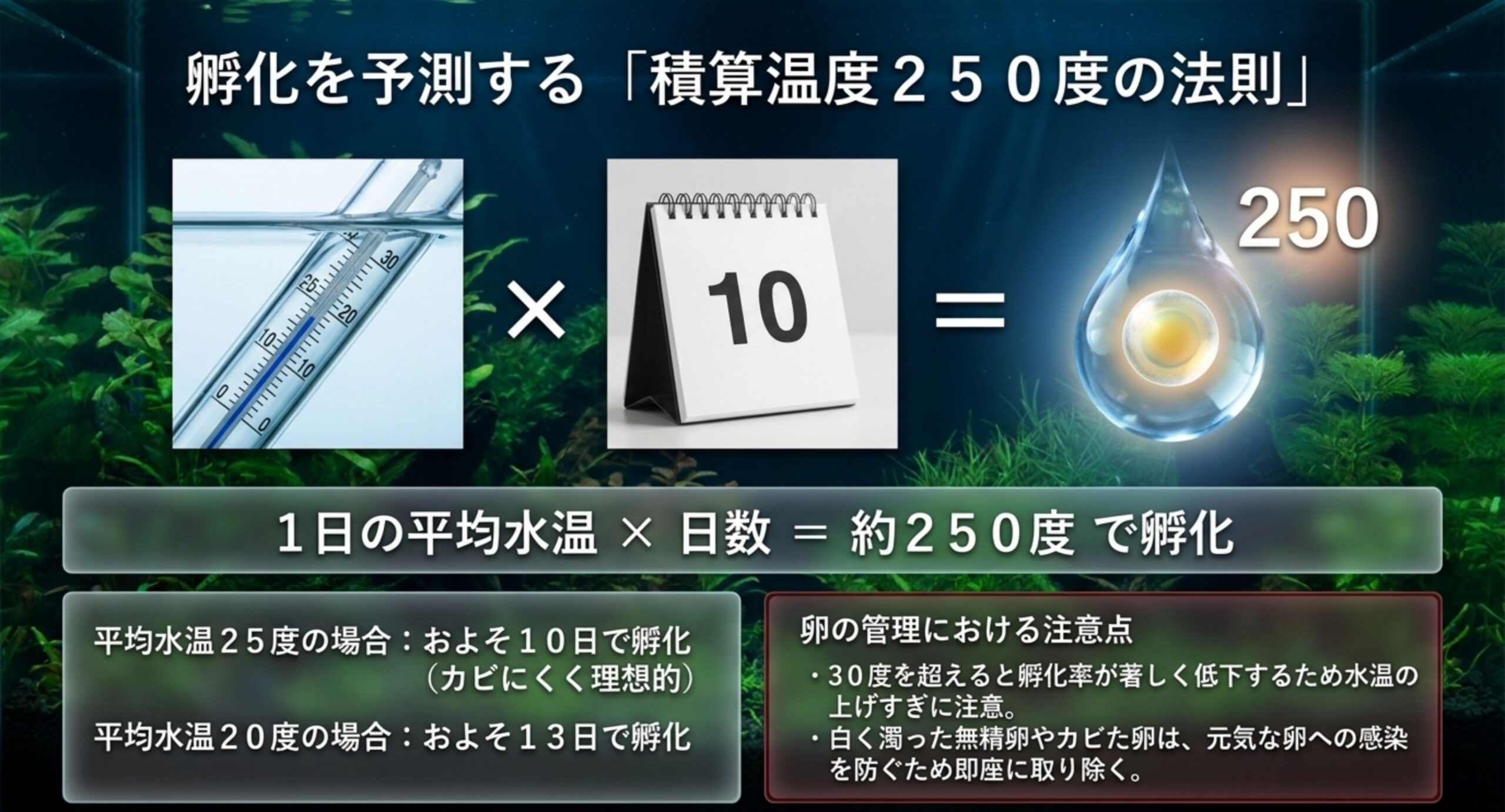 積算温度250度で孵化する水温別日数と卵の管理注意点の図