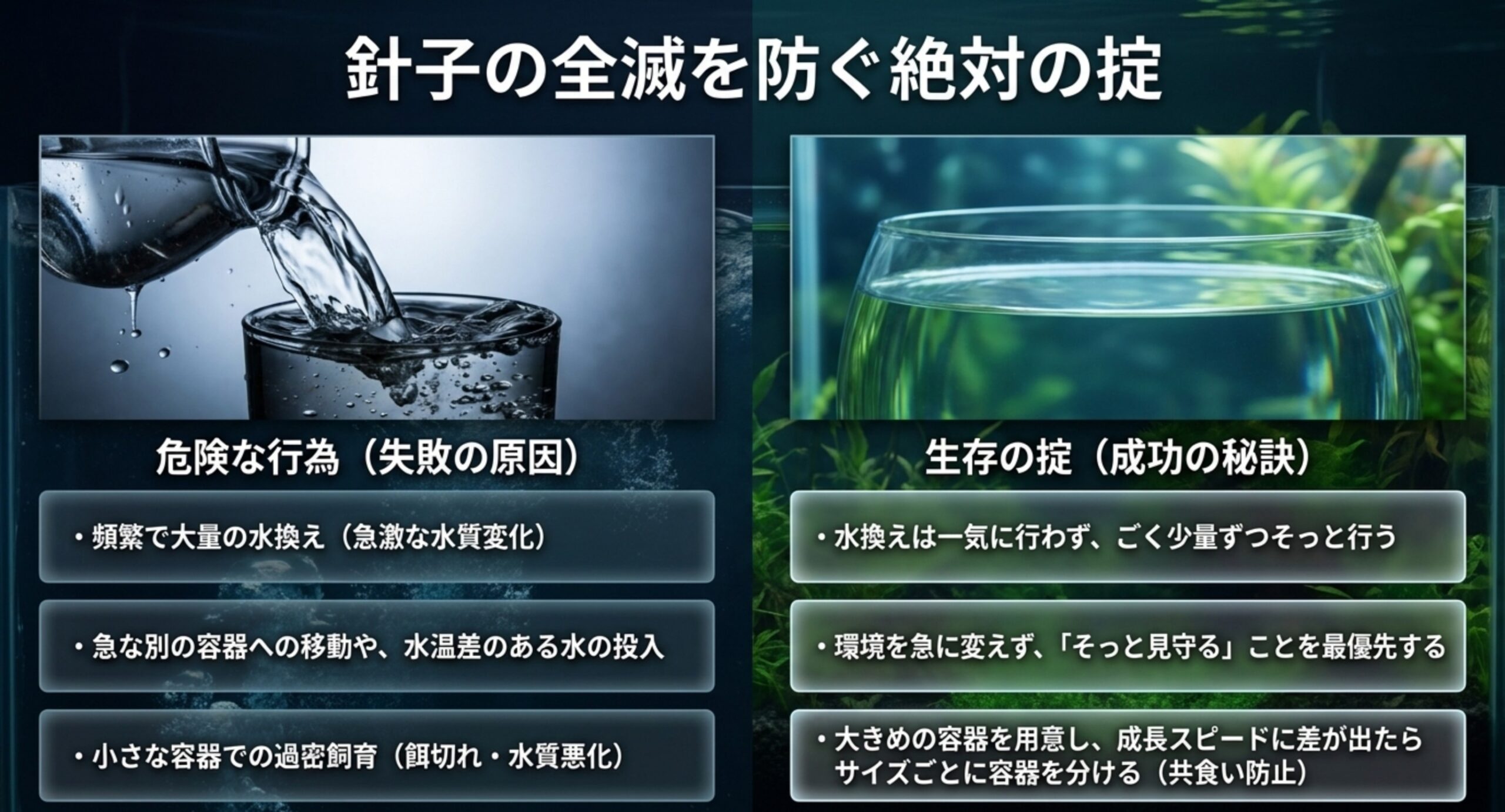 大量換水や急な移動を避け少量ずつ水換えする針子の水管理の図