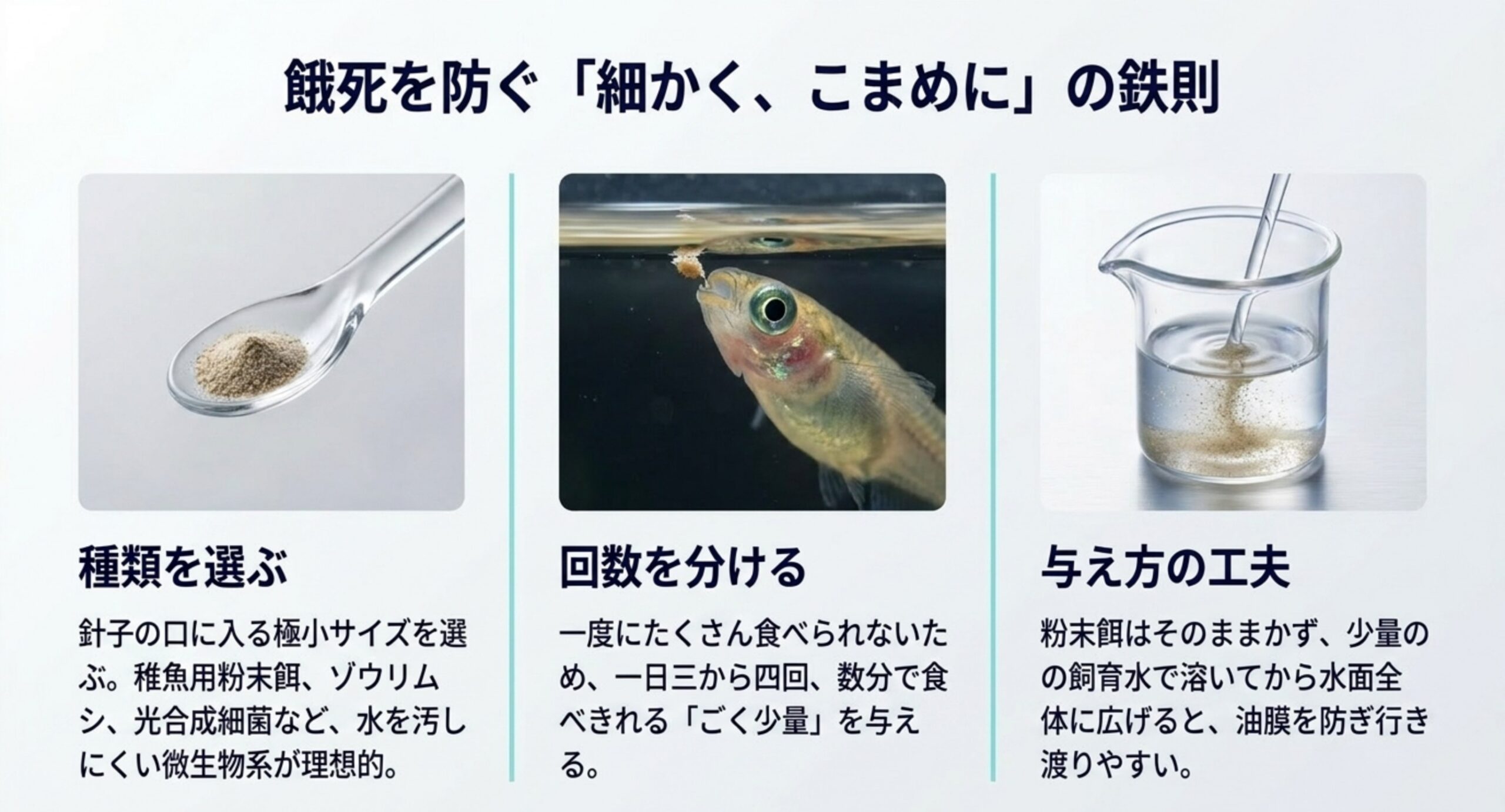 針子の餌の種類・回数・与え方の工夫を3点で示した図
