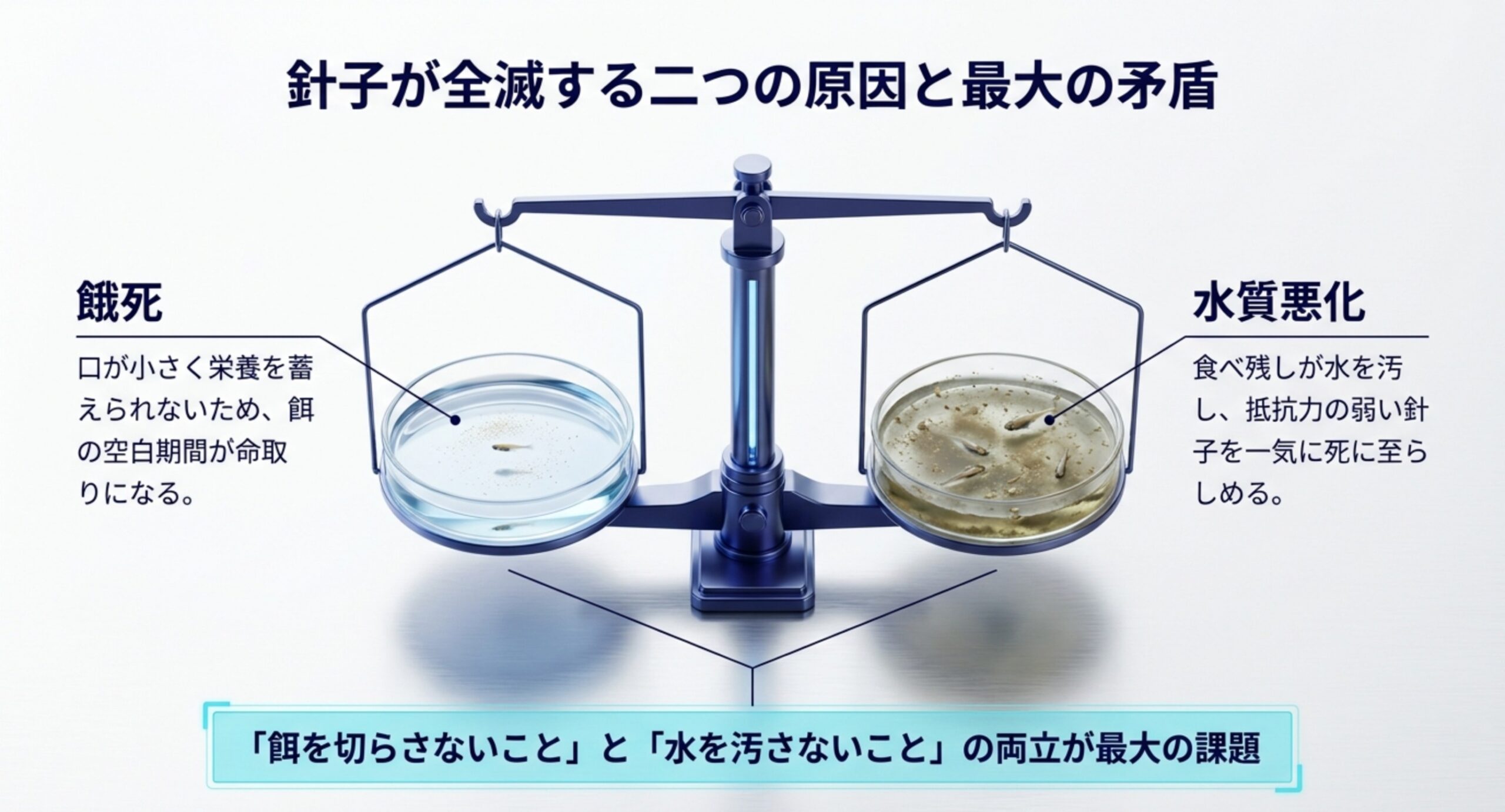 針子の死因を餓死と水質悪化の2つに分けて天秤で示した図