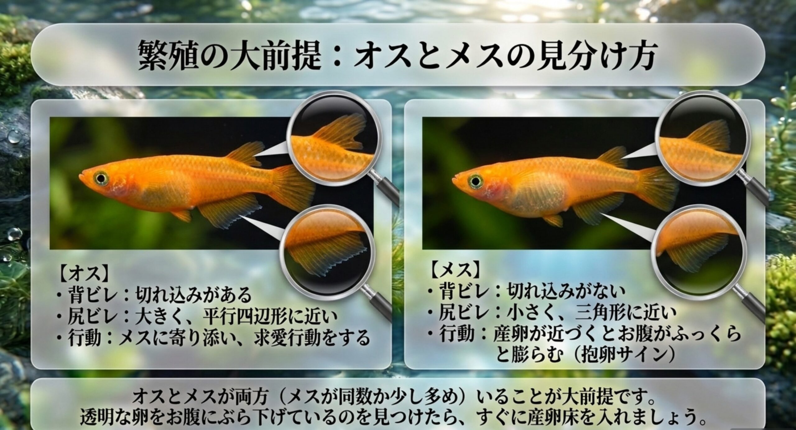 オスとメスの背ビレと尻ビレの形の違いを拡大して比較した図