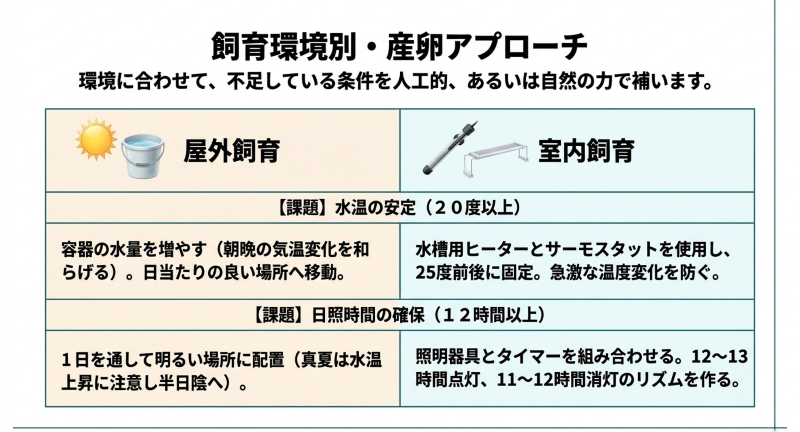 屋外飼育と室内飼育で水温と日照を確保する対策を比較した表の図