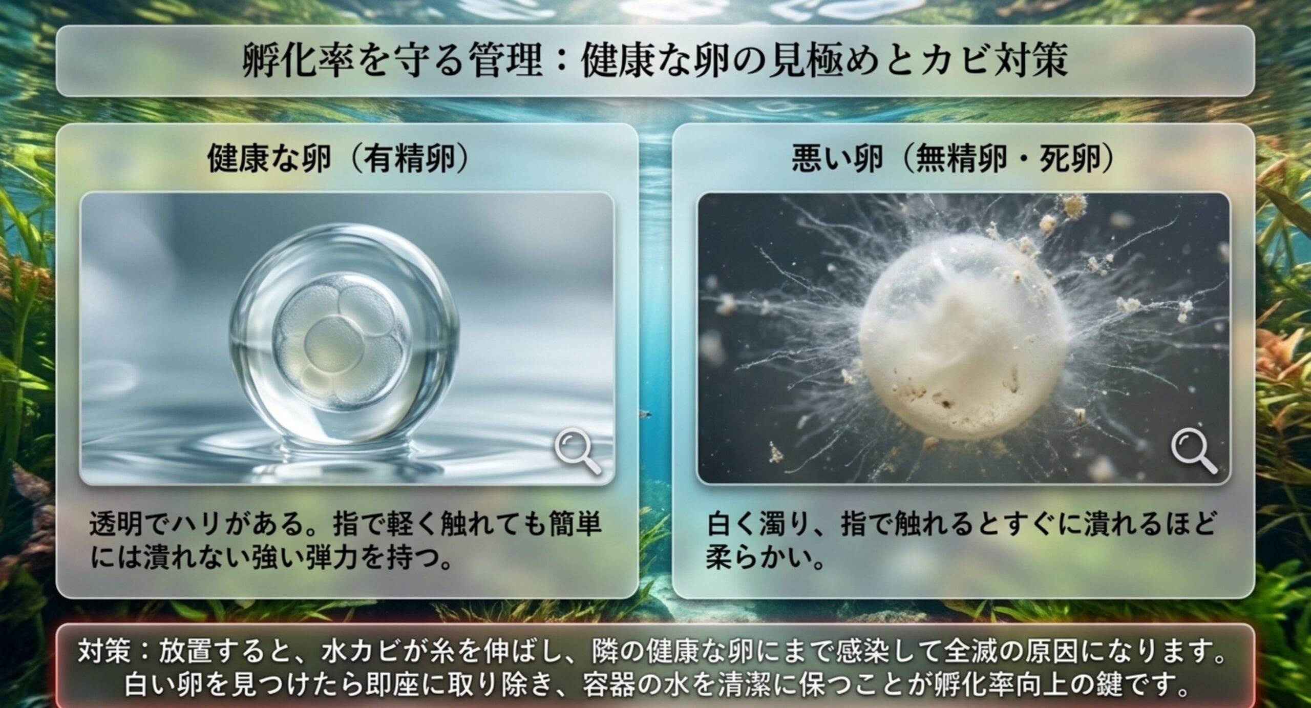 産卵しない原因を環境・ペア・健康状態の順に確認するフロー図