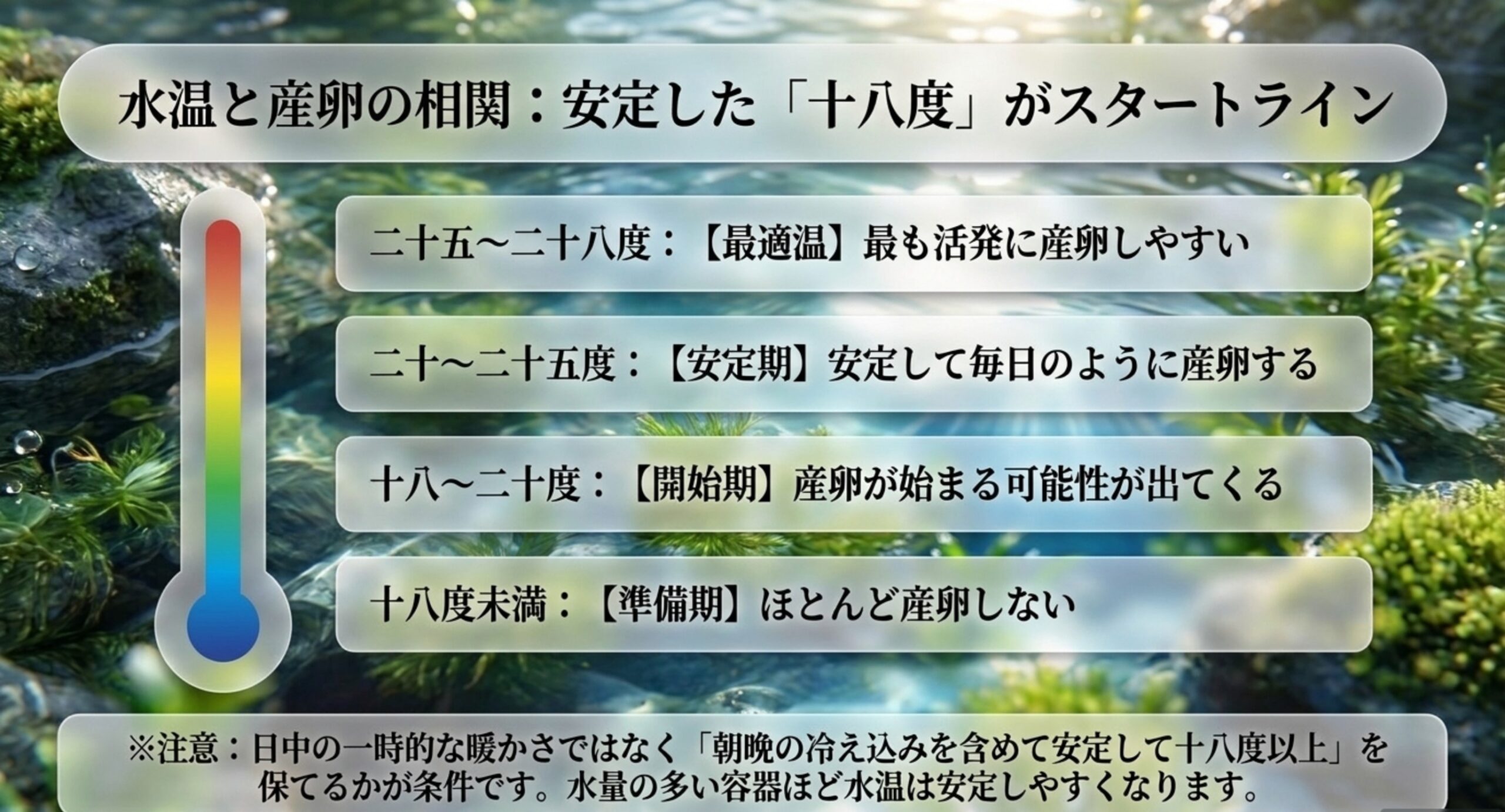 メダカの産卵が始まる水温を18度未満から28度まで4段階で示した図