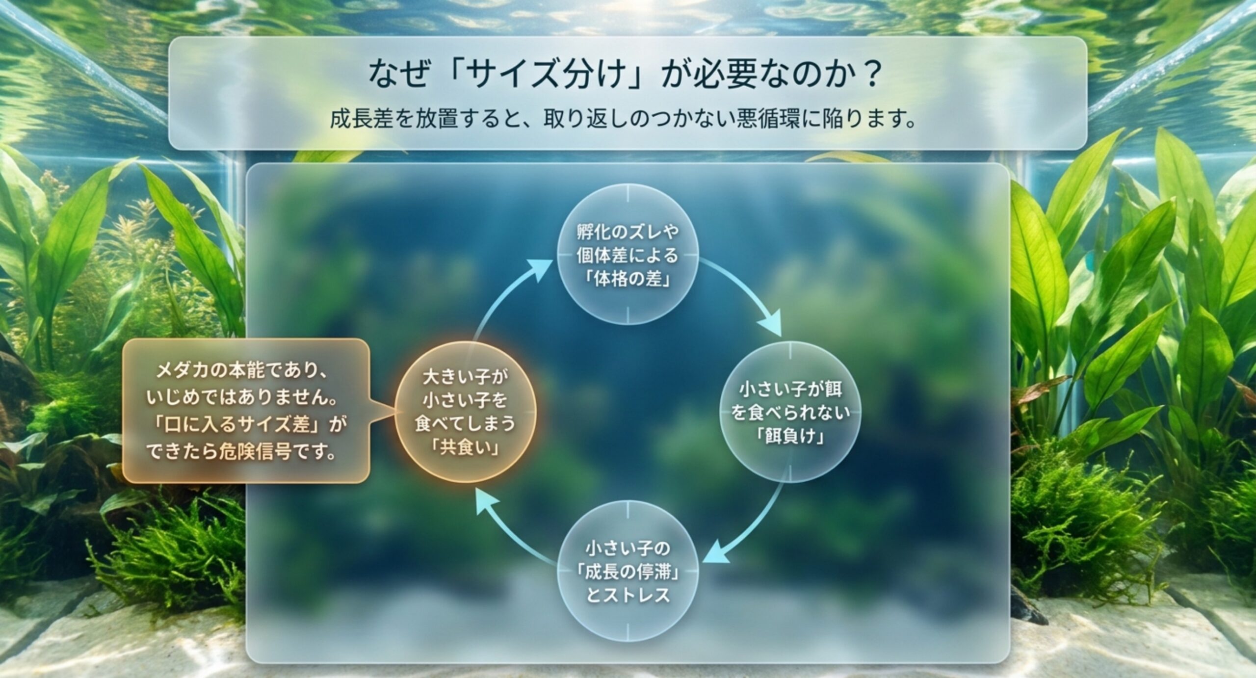 体格差から餌負け・共食い・成長停滞へと進む悪循環をサイクル図で示した図