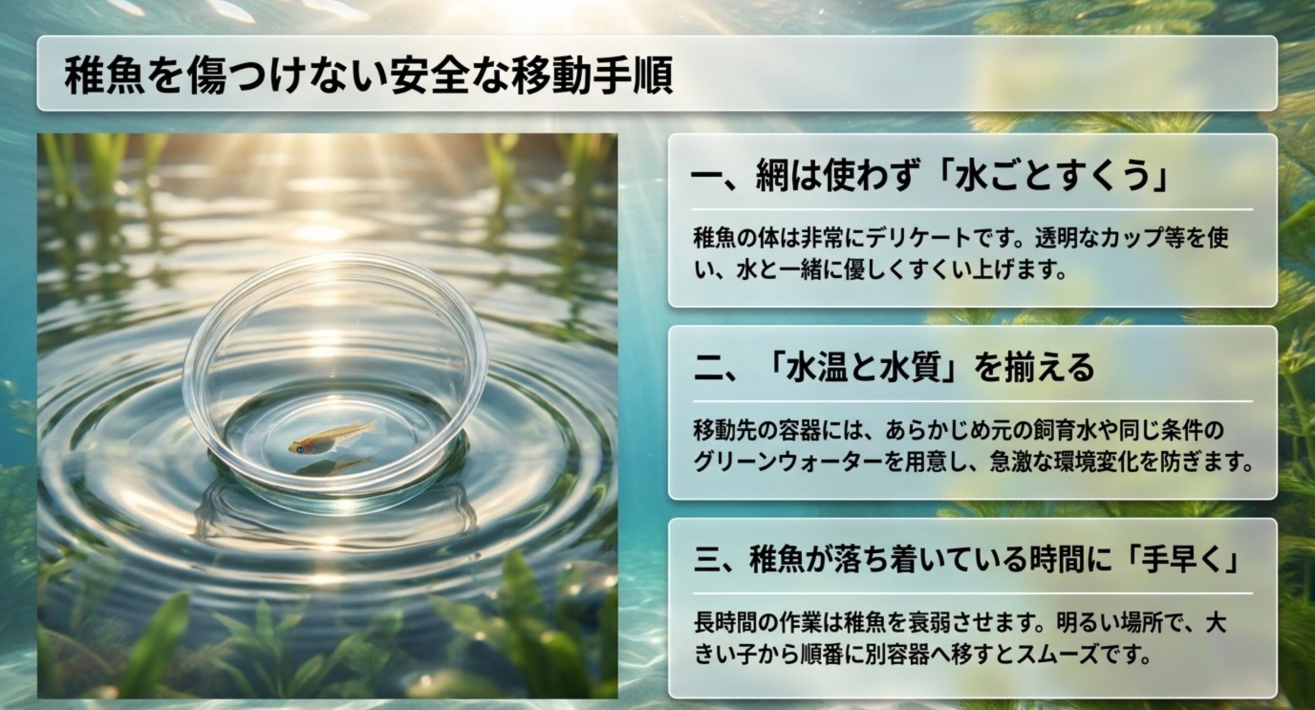 網を使わず水ごとすくう・水温水質を揃える・手早く行うという移動手順の図