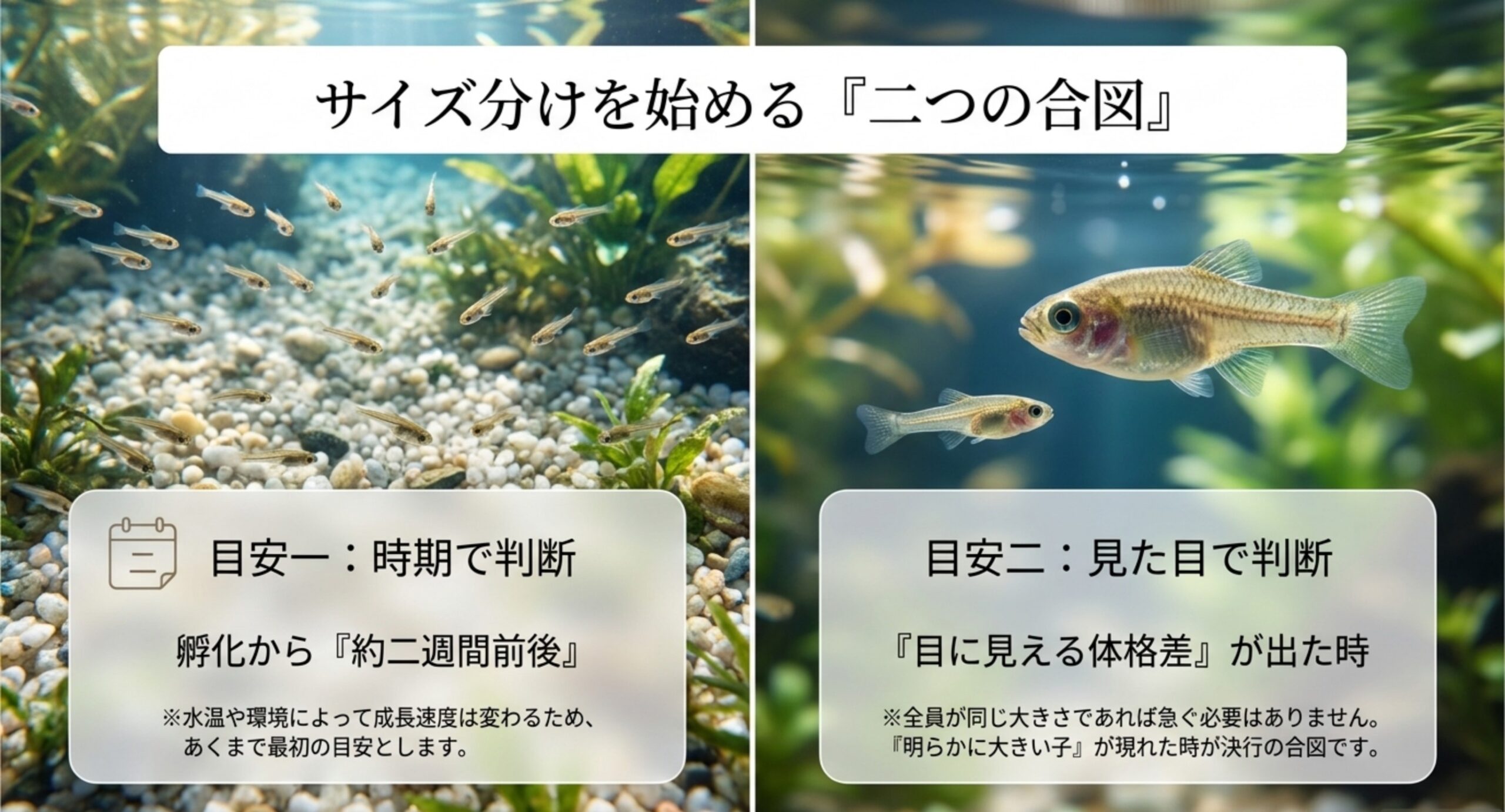 生後約2週間という時期と、見た目の体格差という2つの判断基準を示した図