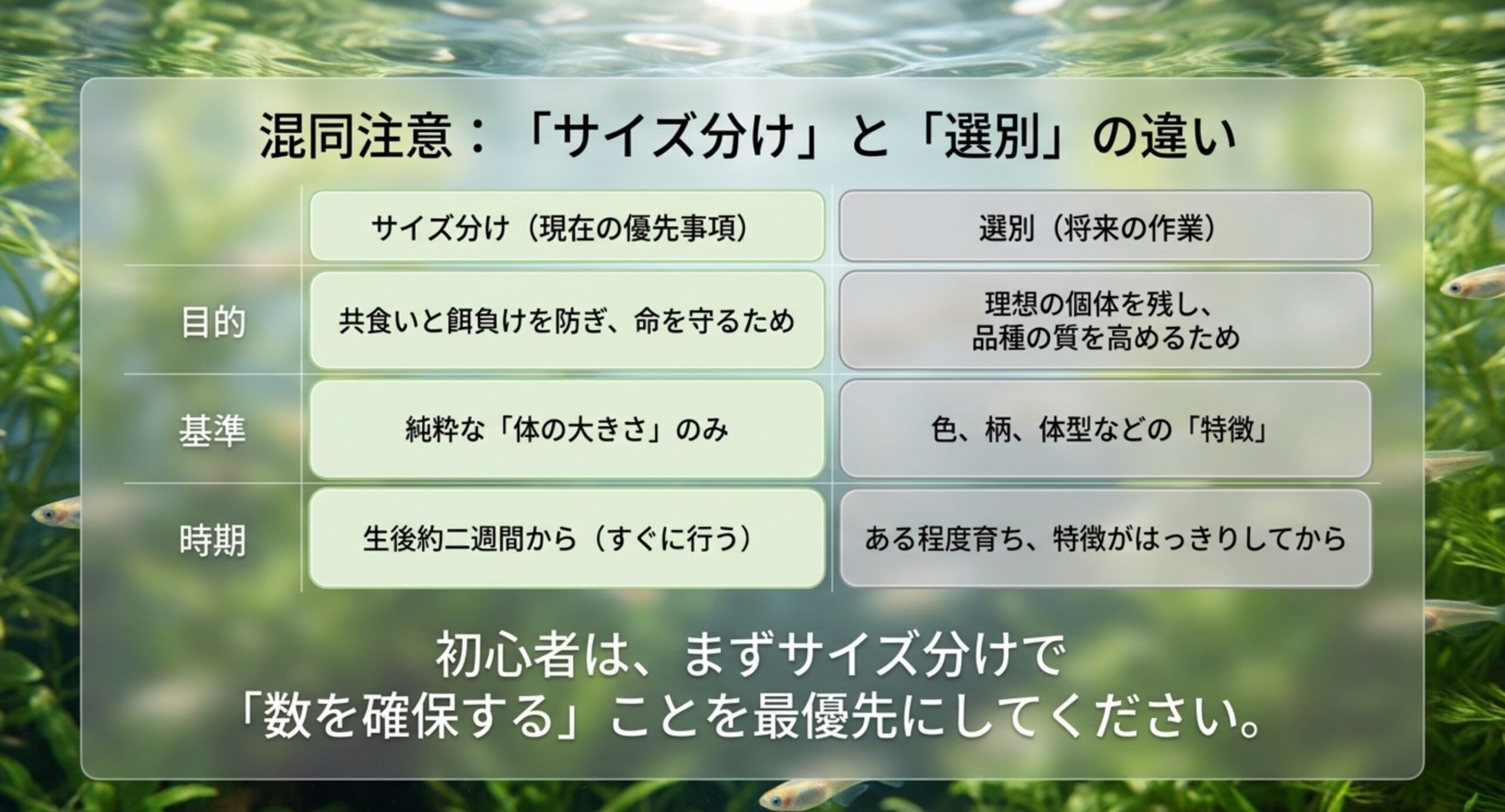 サイズ分けと選別の目的・基準・時期の違いを比較した表の図