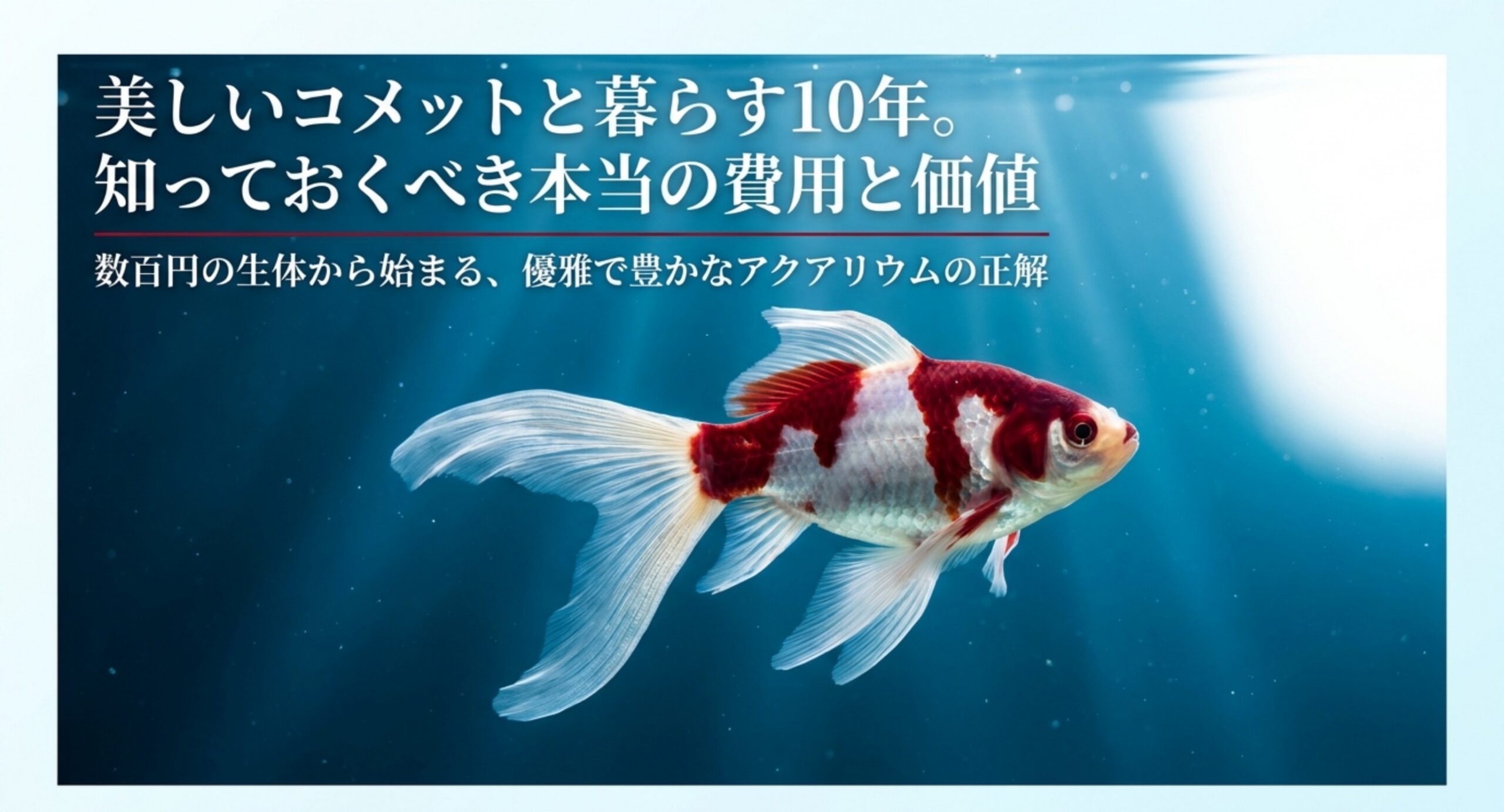 更紗コメットが優雅に泳ぐ様子とコメット飼育の費用と価値を示す表紙
