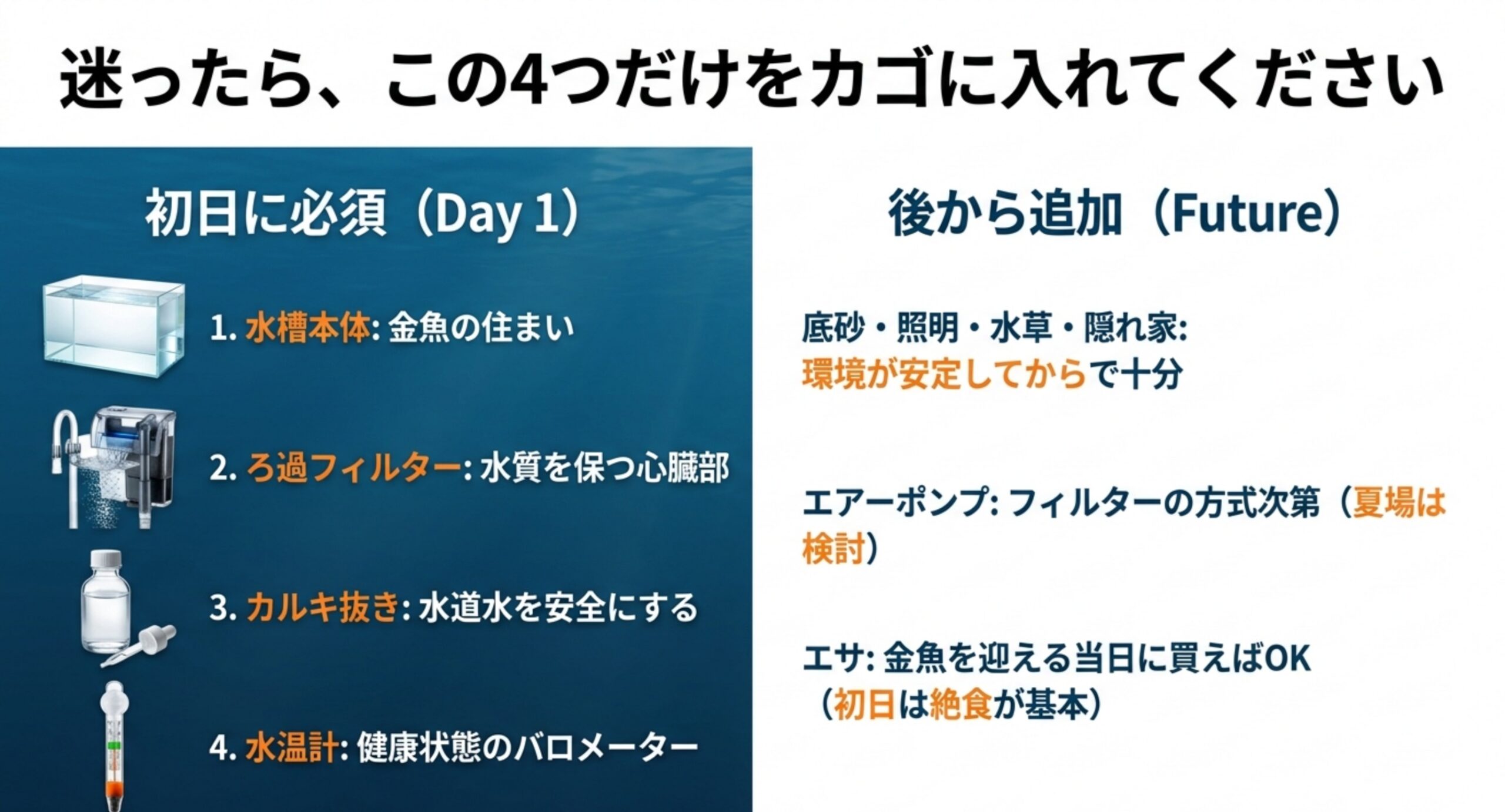 金魚飼育の初日に必須の4アイテムと後から追加する用品一覧 初日に必須の水槽本体・ろ過フィルター・カルキ抜き・水温計と、後から追加すればよい底砂・照明・エアーポンプ・エサを整理した一覧図