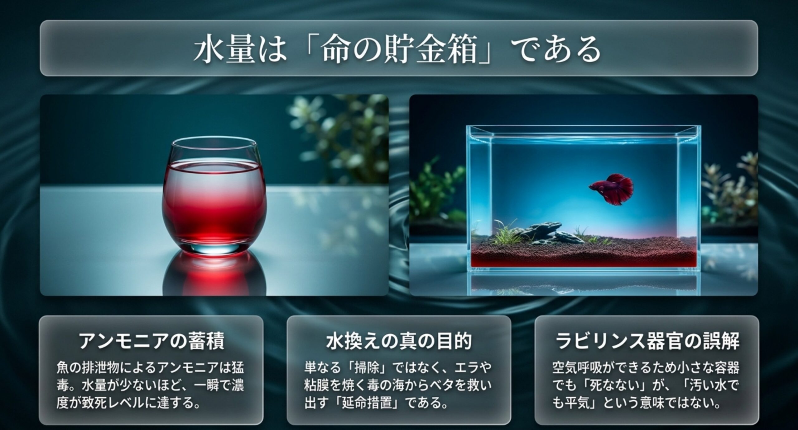 水量とアンモニア蓄積の関係 水量が少ないほどアンモニアが早く致死量に達することとラビリンス器官の誤解を図解したスライド