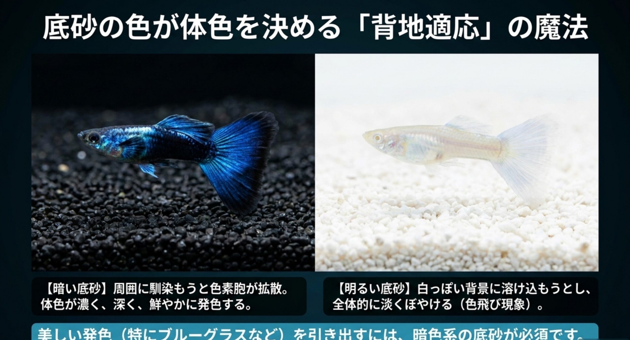 底砂の色がグッピーの体色に与える効果 暗い底砂では体色が濃く発色し明るい底砂では色が淡くぼやける背地適応の比較
