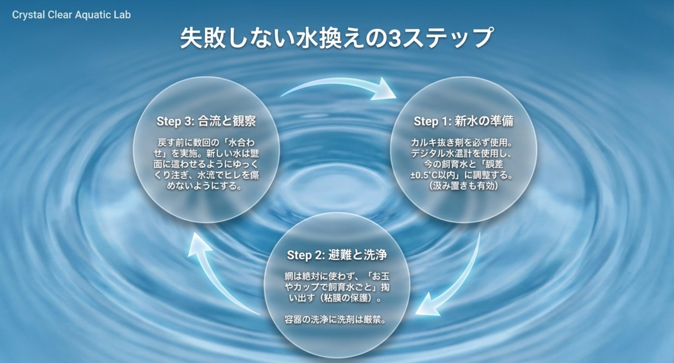 失敗しないベタの水換え3ステップ 新水の準備・避難と洗浄・合流と観察という水換え3ステップの循環図