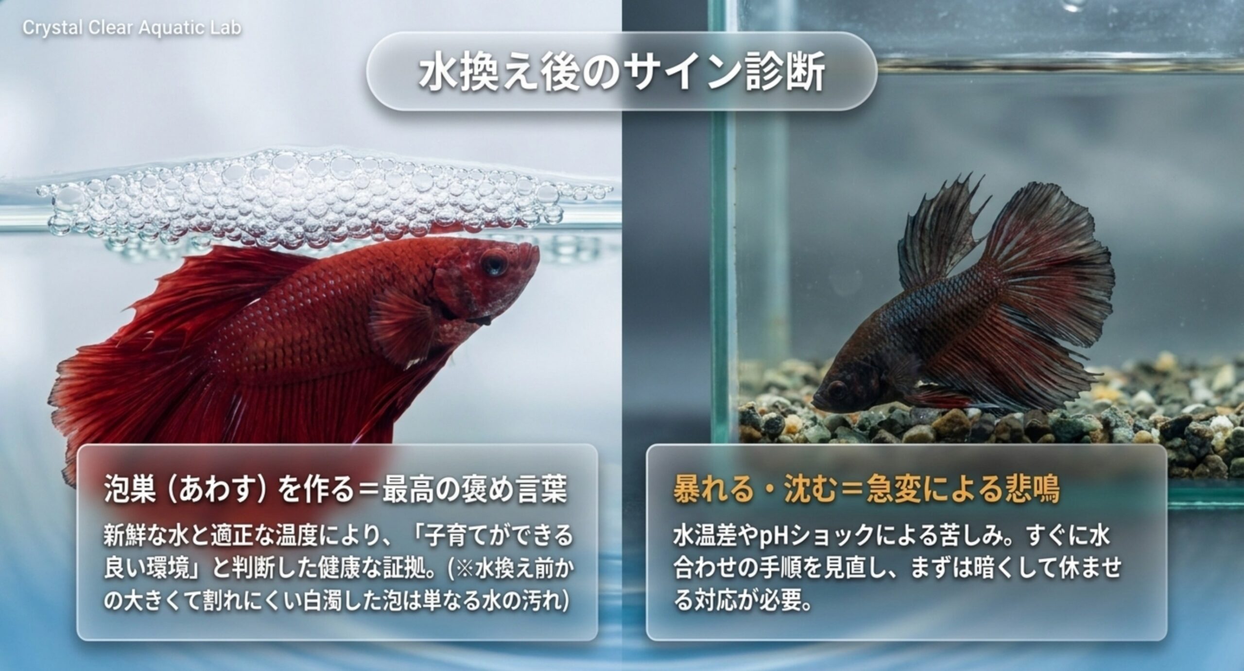 水換え後のベタのサイン診断 泡巣は健康な証拠、暴れる・沈むは急変のサインという水換え後の観察ポイントの対比図