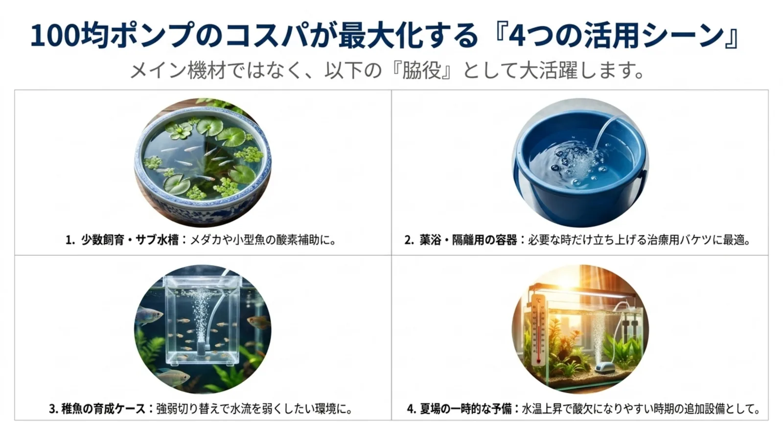 少数飼育・薬浴隔離・稚魚育成・夏場の予備という100均ポンプが向く場面の図解