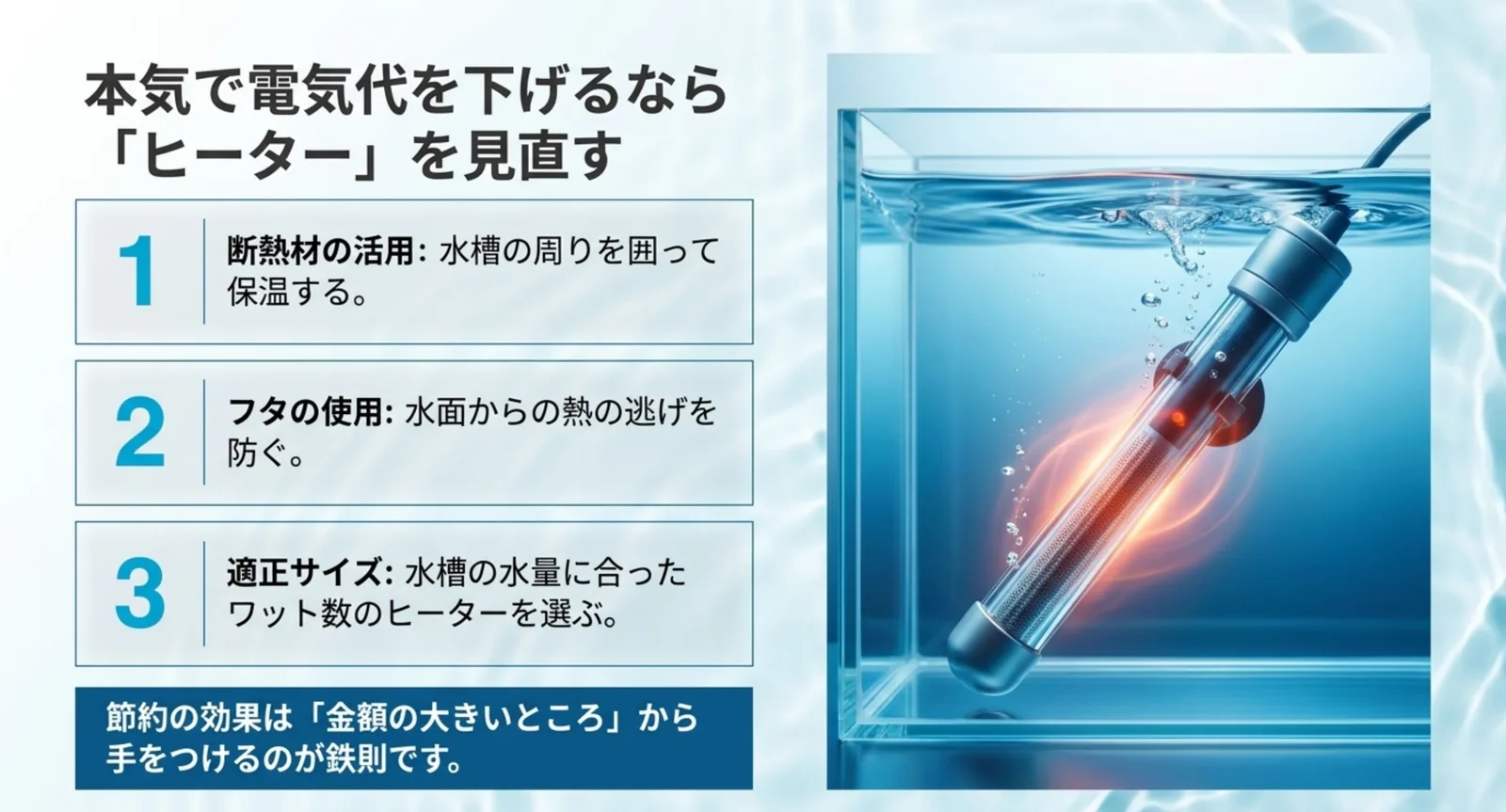 断熱・フタ・適正ワット数というヒーターの節電方法の図解