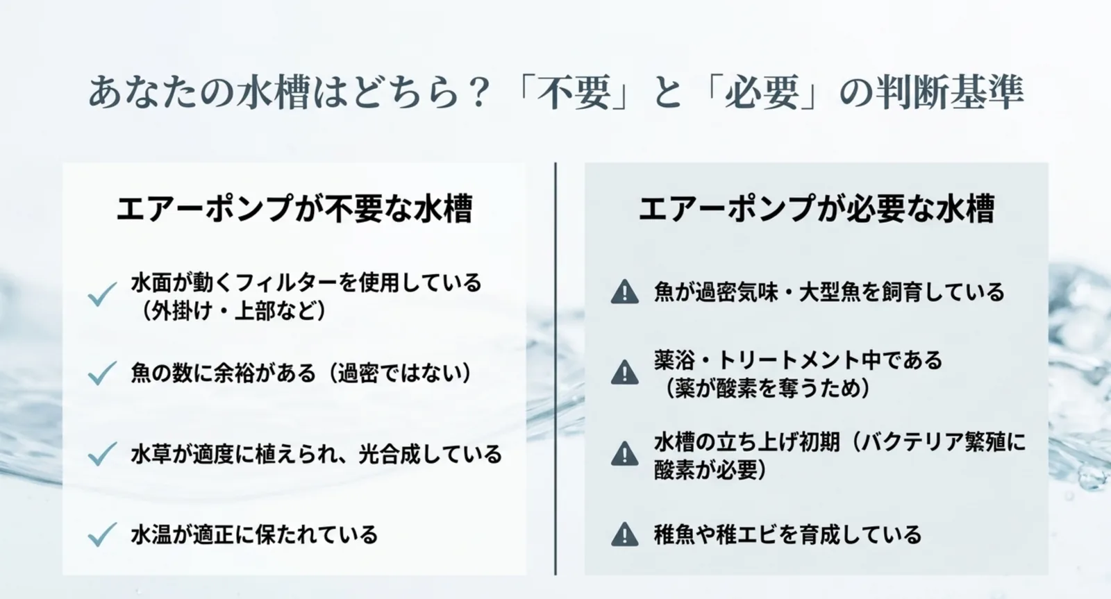 エアーポンプが不要な水槽と必要な水槽の条件を並べた比較図