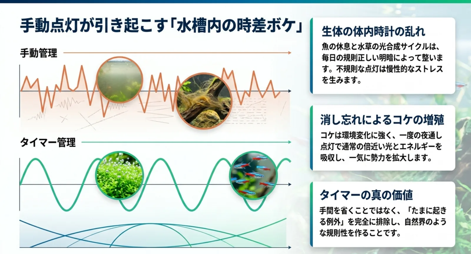 手動管理の不規則な点灯とタイマー管理の規則的な点灯を波形で比較した図