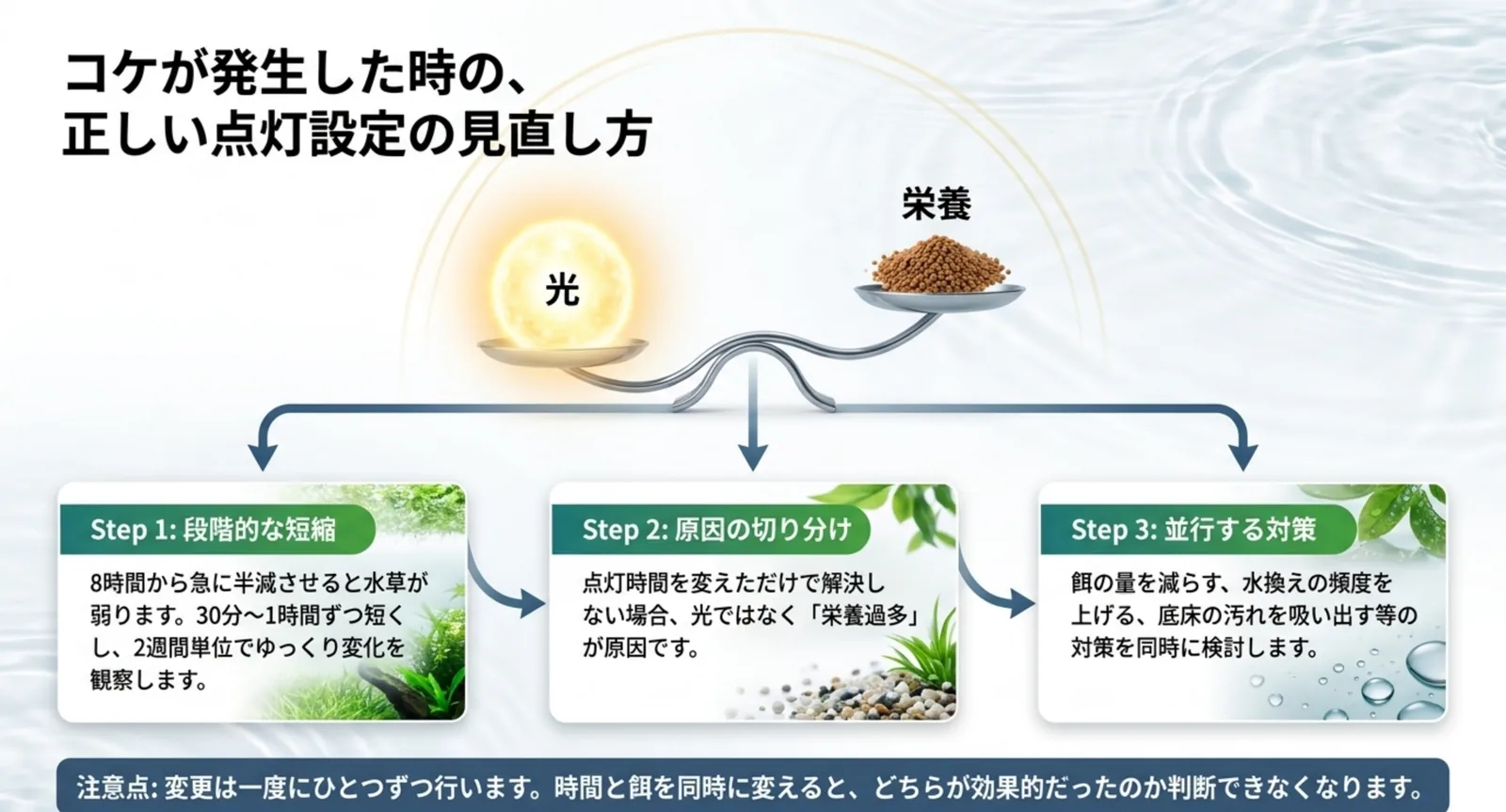 光と栄養のバランスを軸に、点灯時間の段階的短縮と原因の切り分け手順を示した図