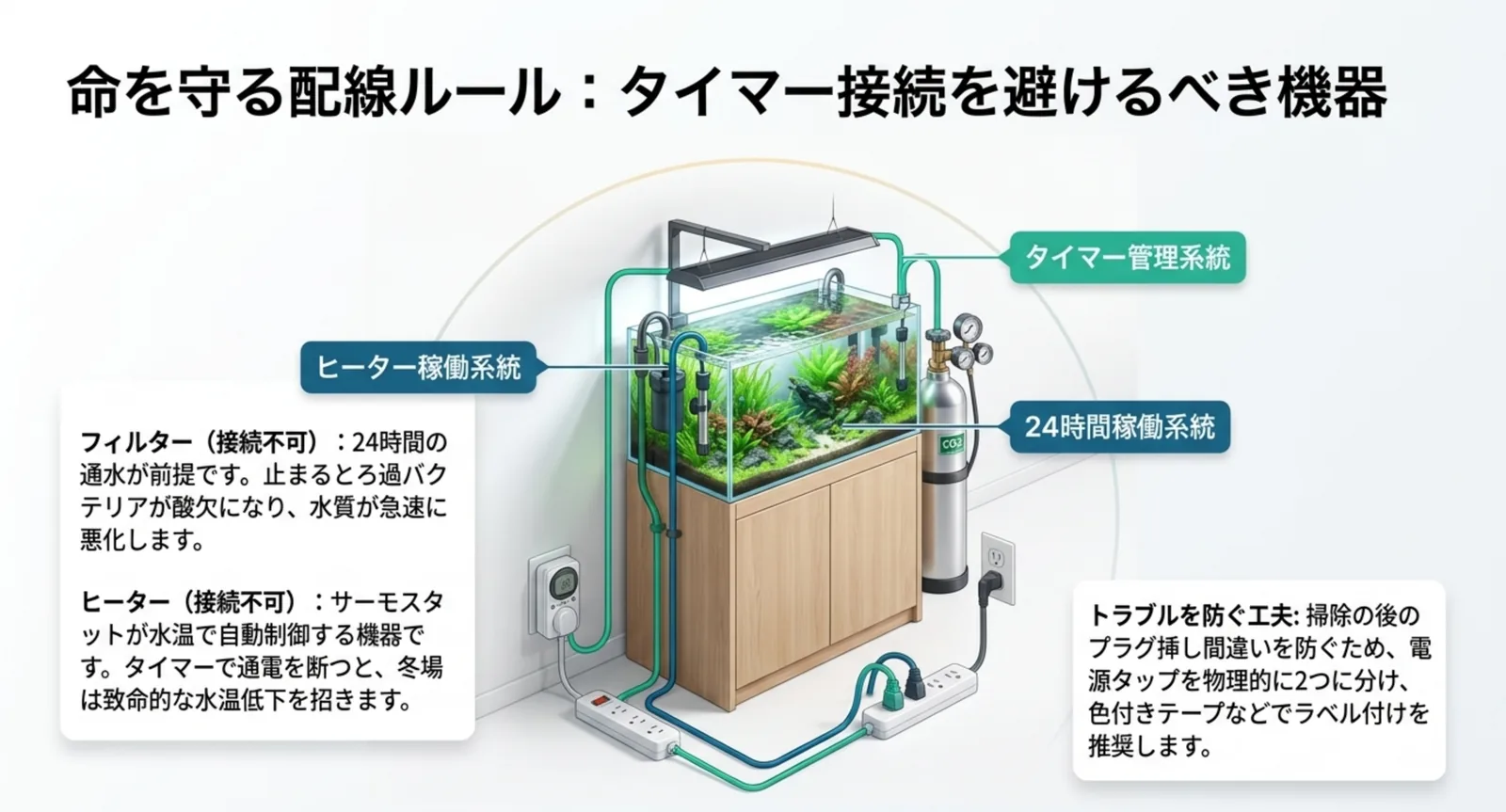 フィルターとヒーターをタイマー管理系統から分けた水槽の配線ルール図