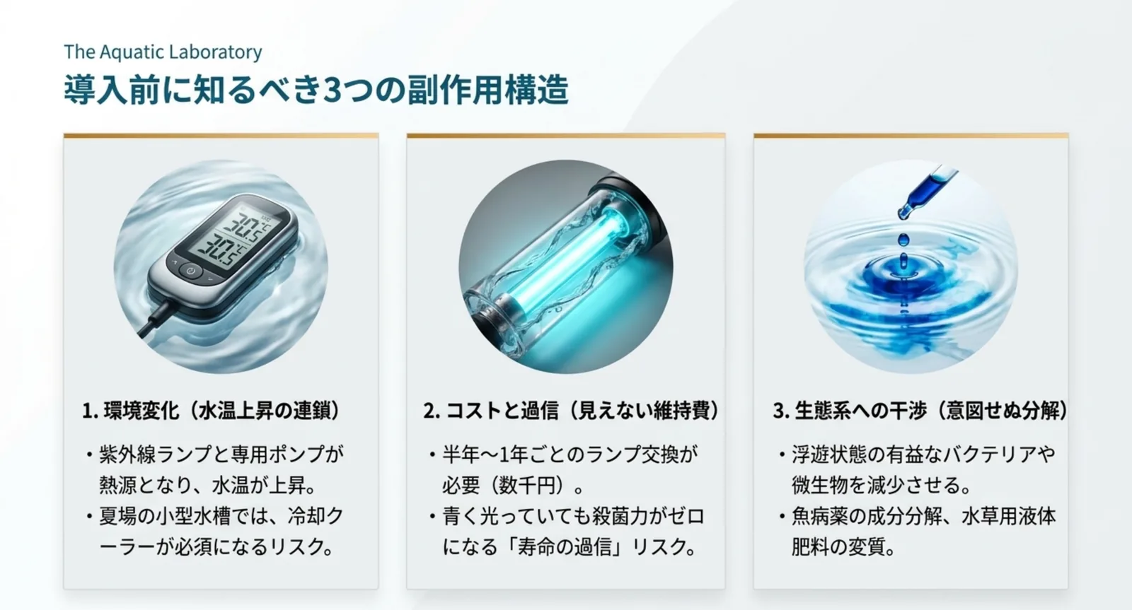 水温上昇・コストと過信・生態系への干渉という殺菌灯の3つのデメリット