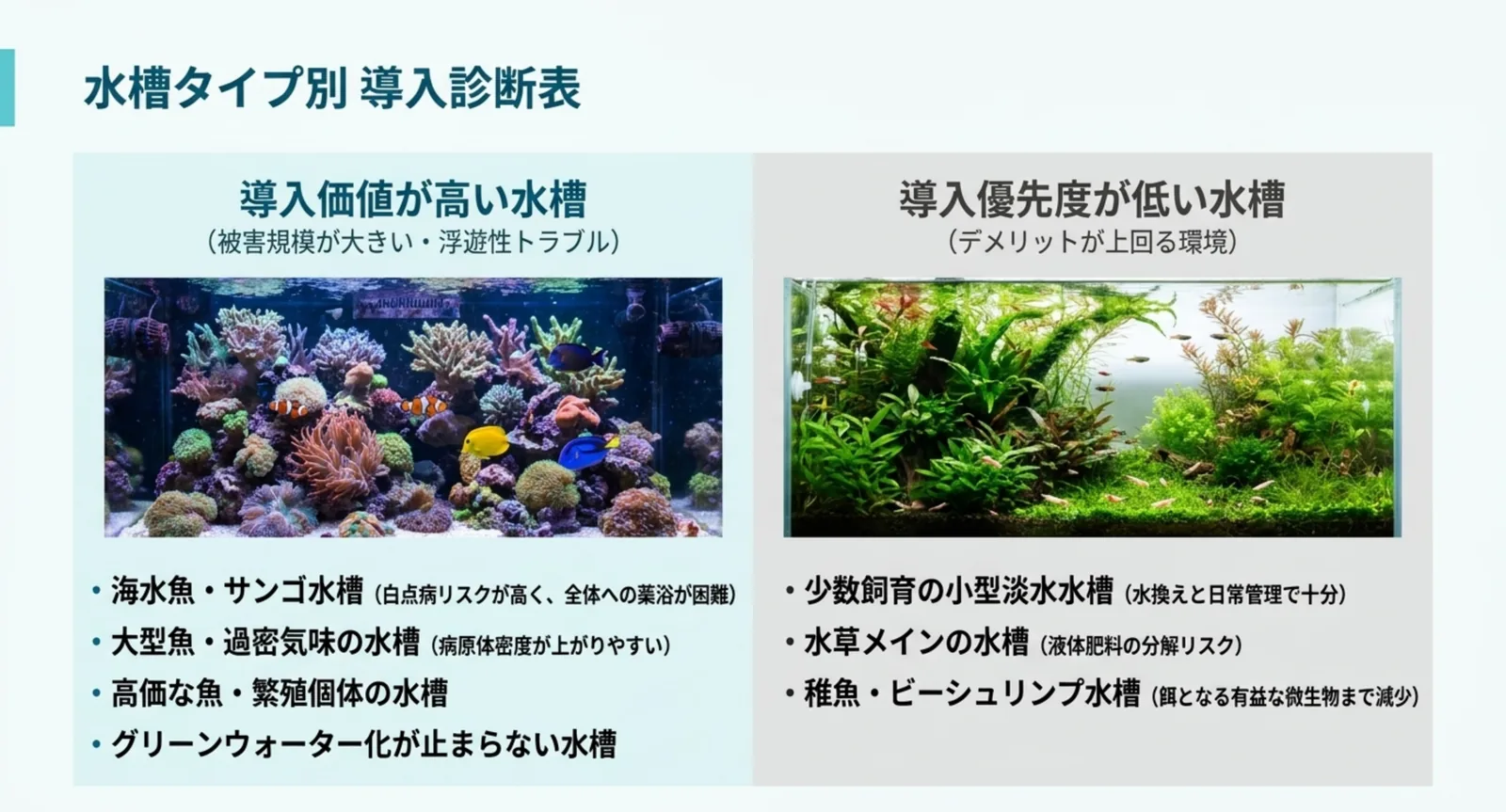 殺菌灯の導入価値が高い水槽と優先度が低い水槽の比較図