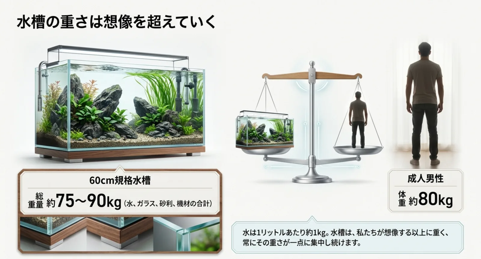 60cm規格水槽の総重量75〜90kgを成人男性の体重とてんびんで対比した図