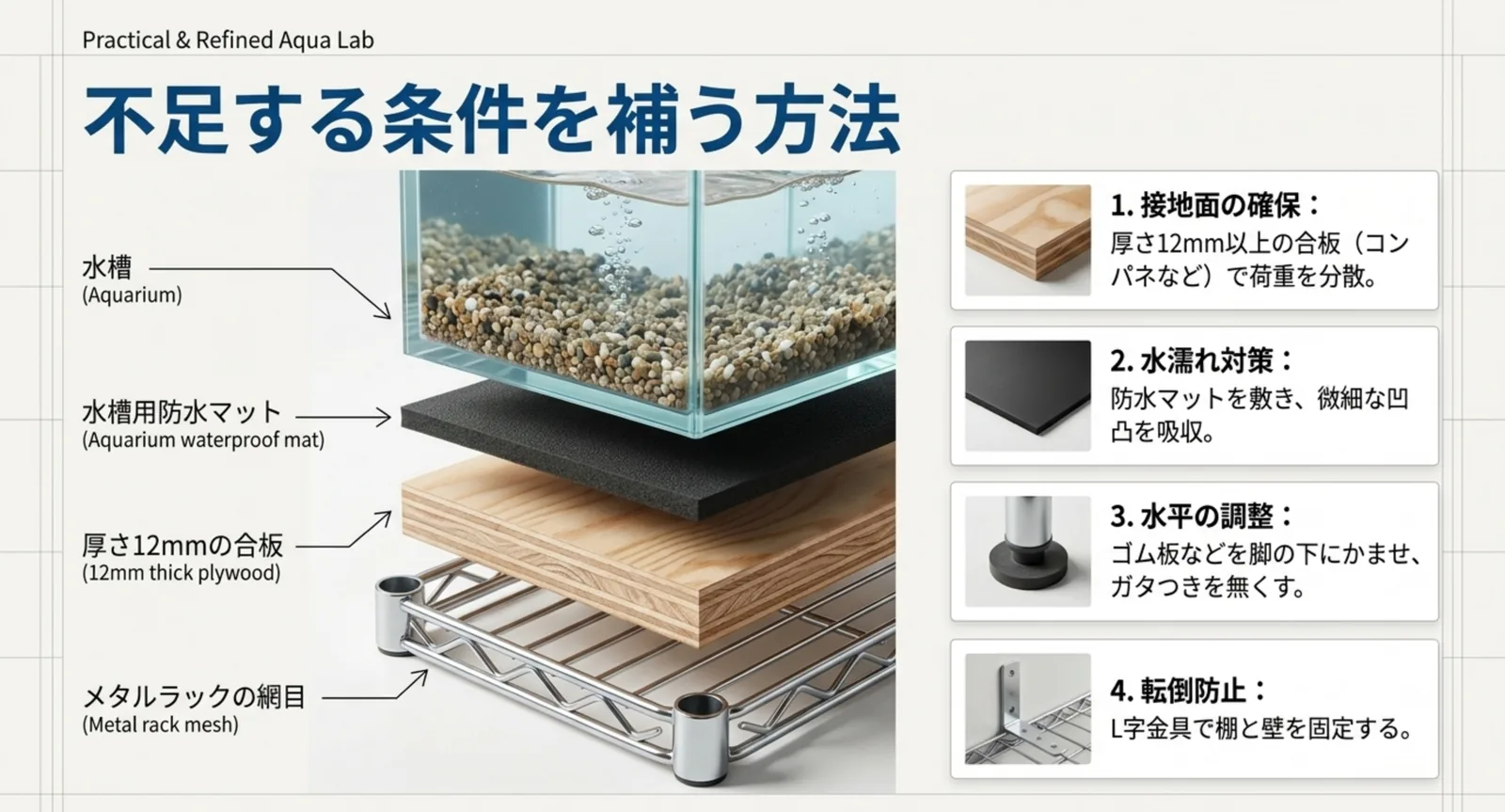 メタルラックの網目の上に合板・防水マットを重ねて水槽を載せる補強の分解図