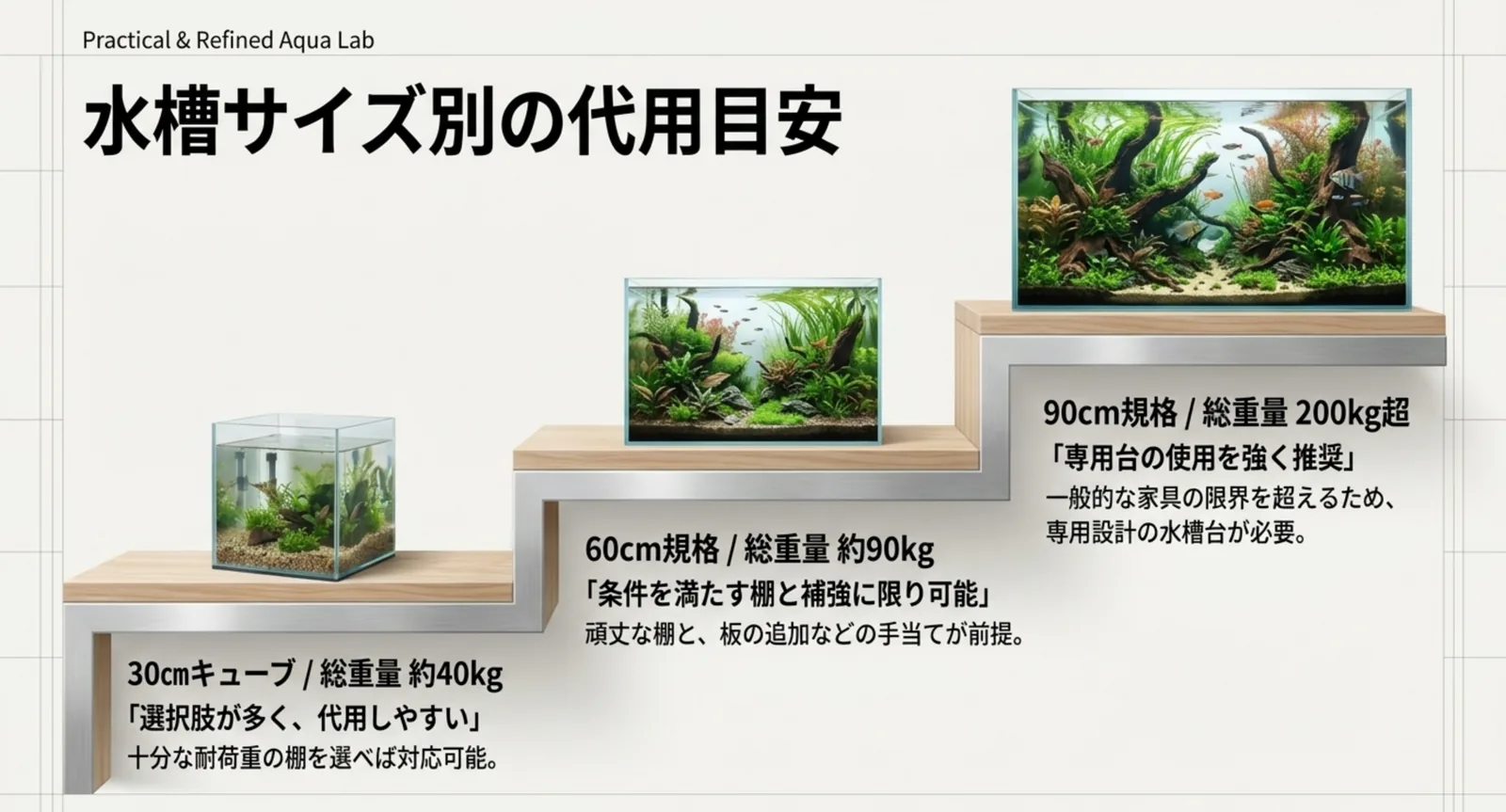 30cm・60cm・90cmの水槽サイズごとに代用の現実味と専用台推奨ラインを示した図