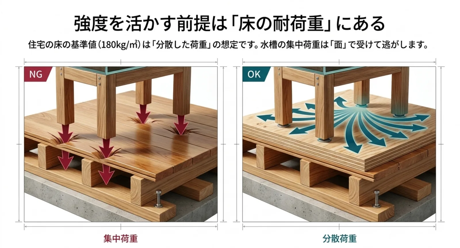 脚が床に食い込む集中荷重と、板を敷いて面で受ける分散荷重を比較した断面図