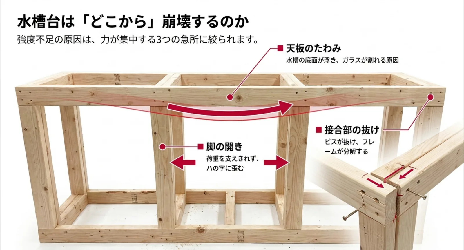 天板のたわみ、脚の開き、接合部の抜けという水槽台の弱点を示した図
