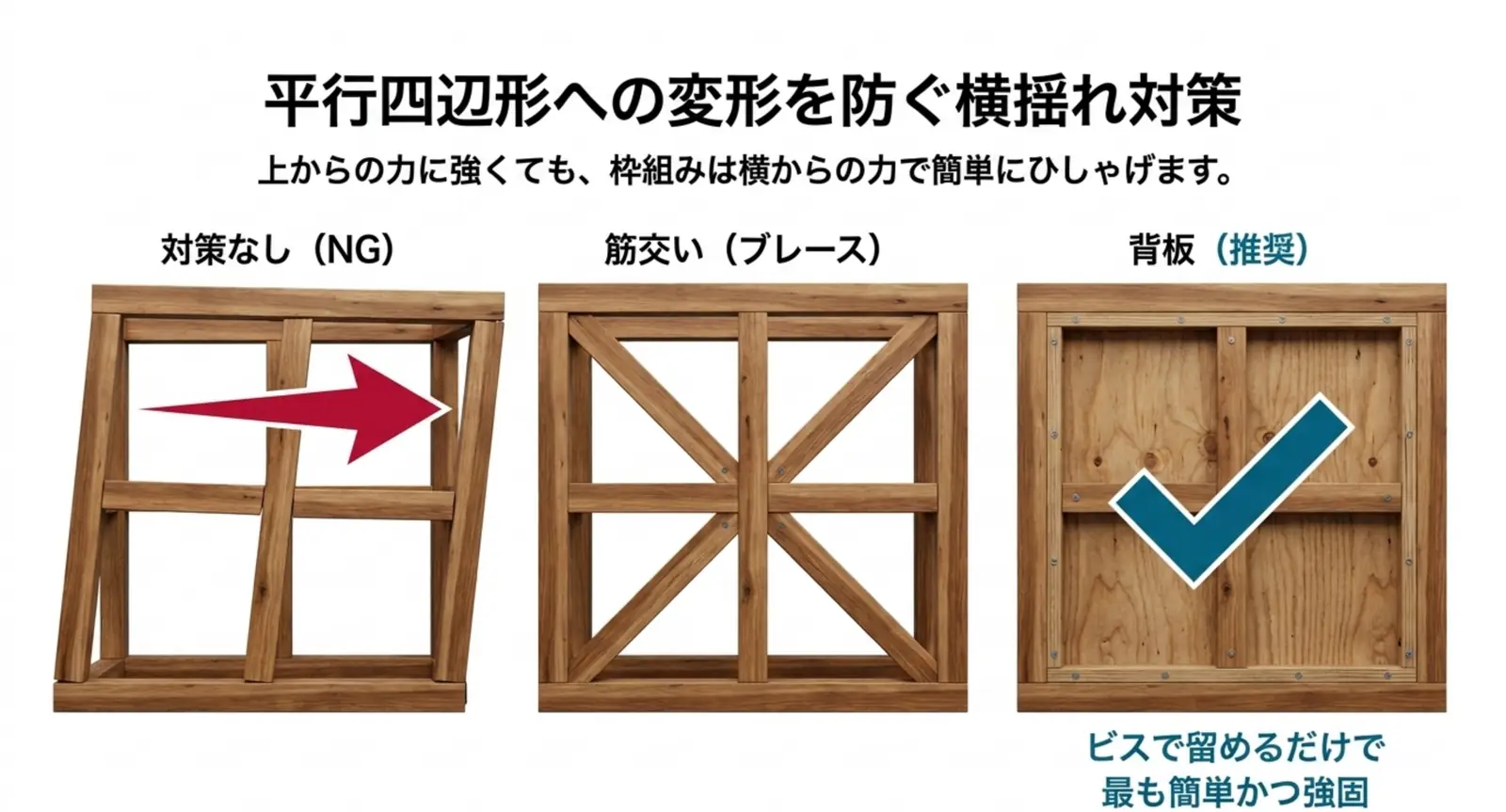 対策なし、筋交い、背板の3つを並べて横揺れへの強さを比べた図