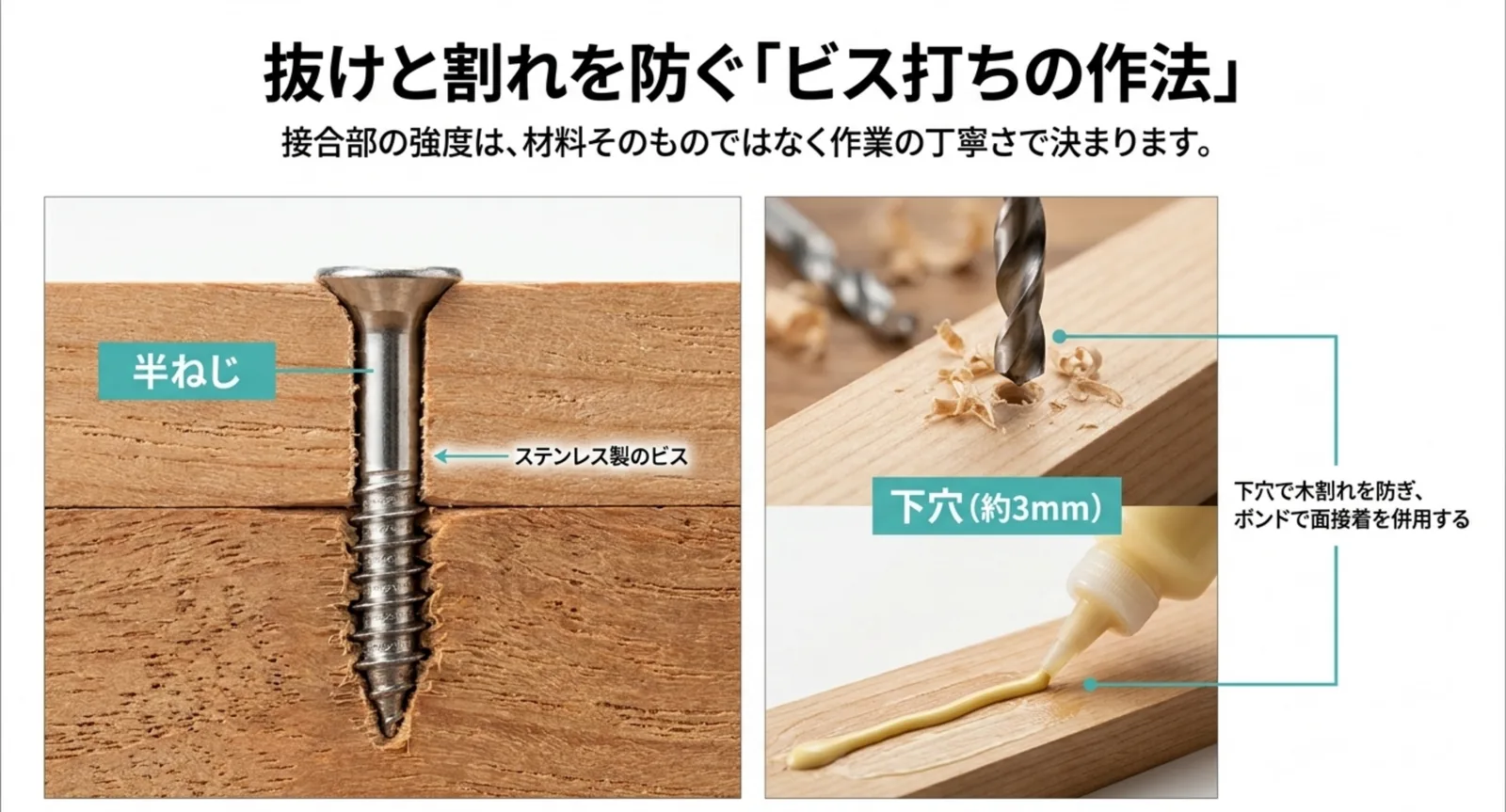 半ねじのステンレスビスと、約3mmの下穴および木工用ボンド併用を示した図